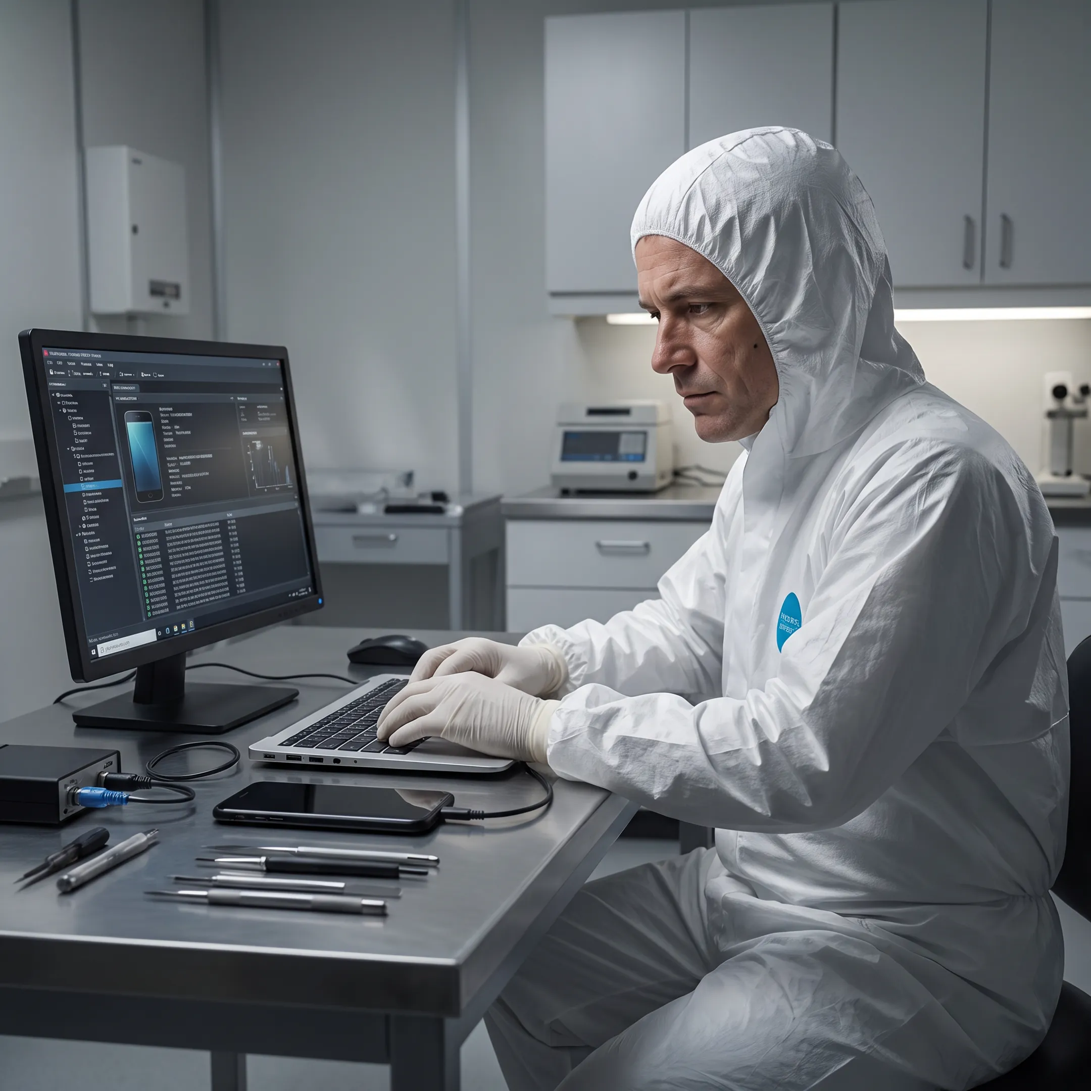 Forensic examiner analyzing smartphone evidence