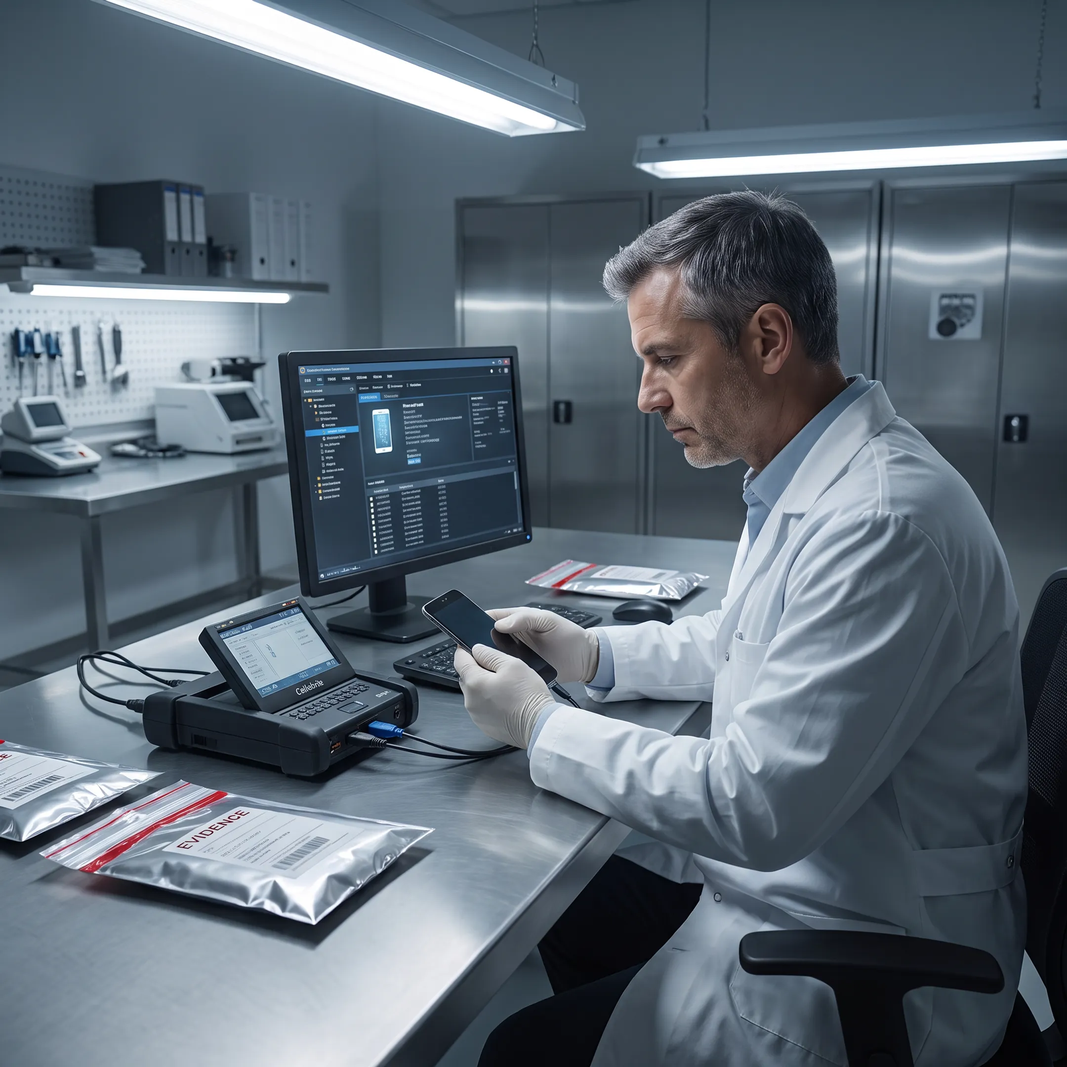 Forensic examiner reviewing mobile phone evidence