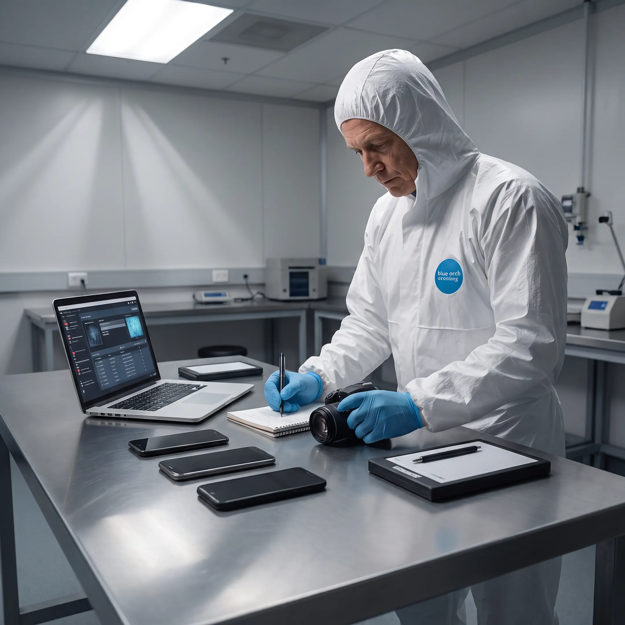 Forensic specialist documenting digital device evidence