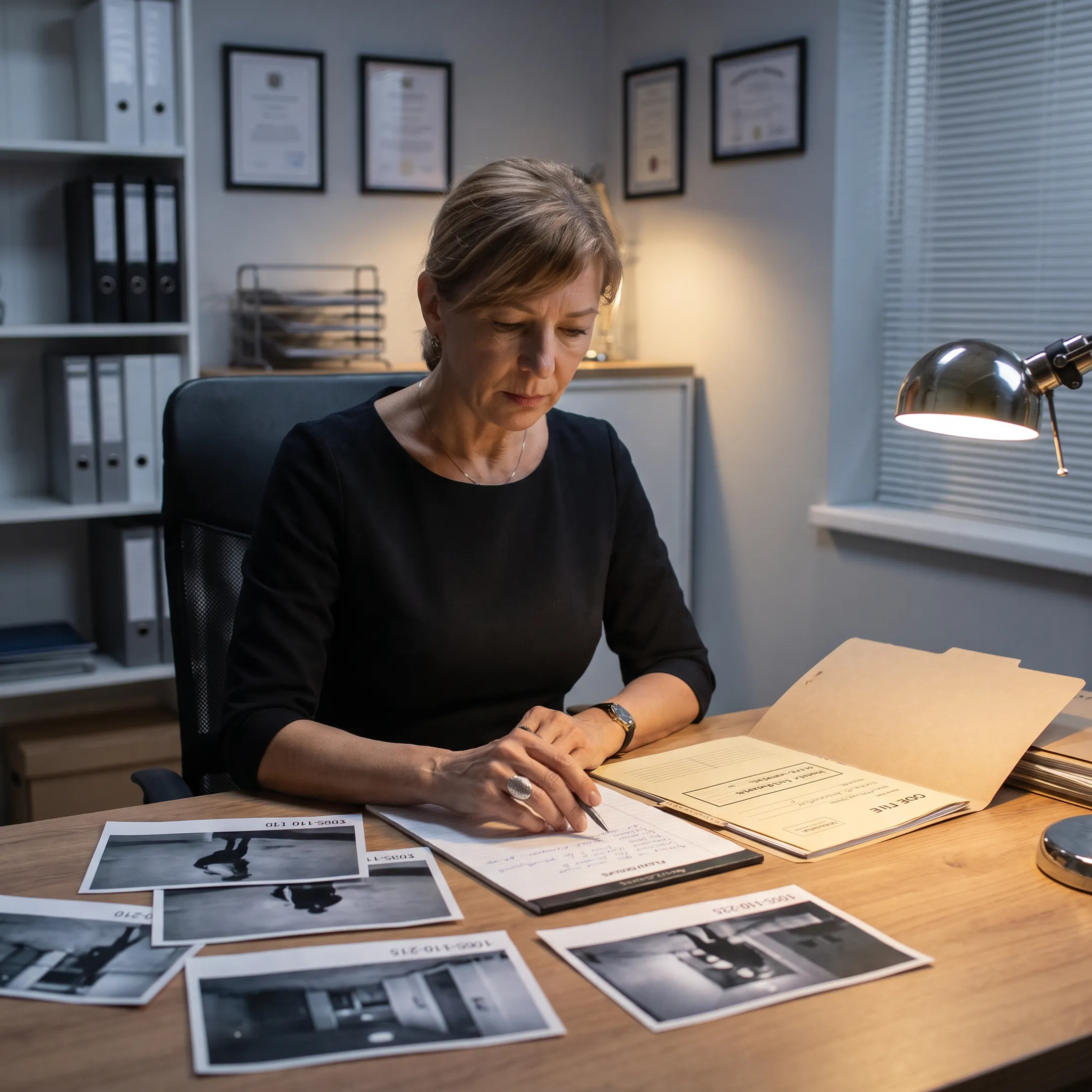 Investigator reviewing surveillance notes and photographs