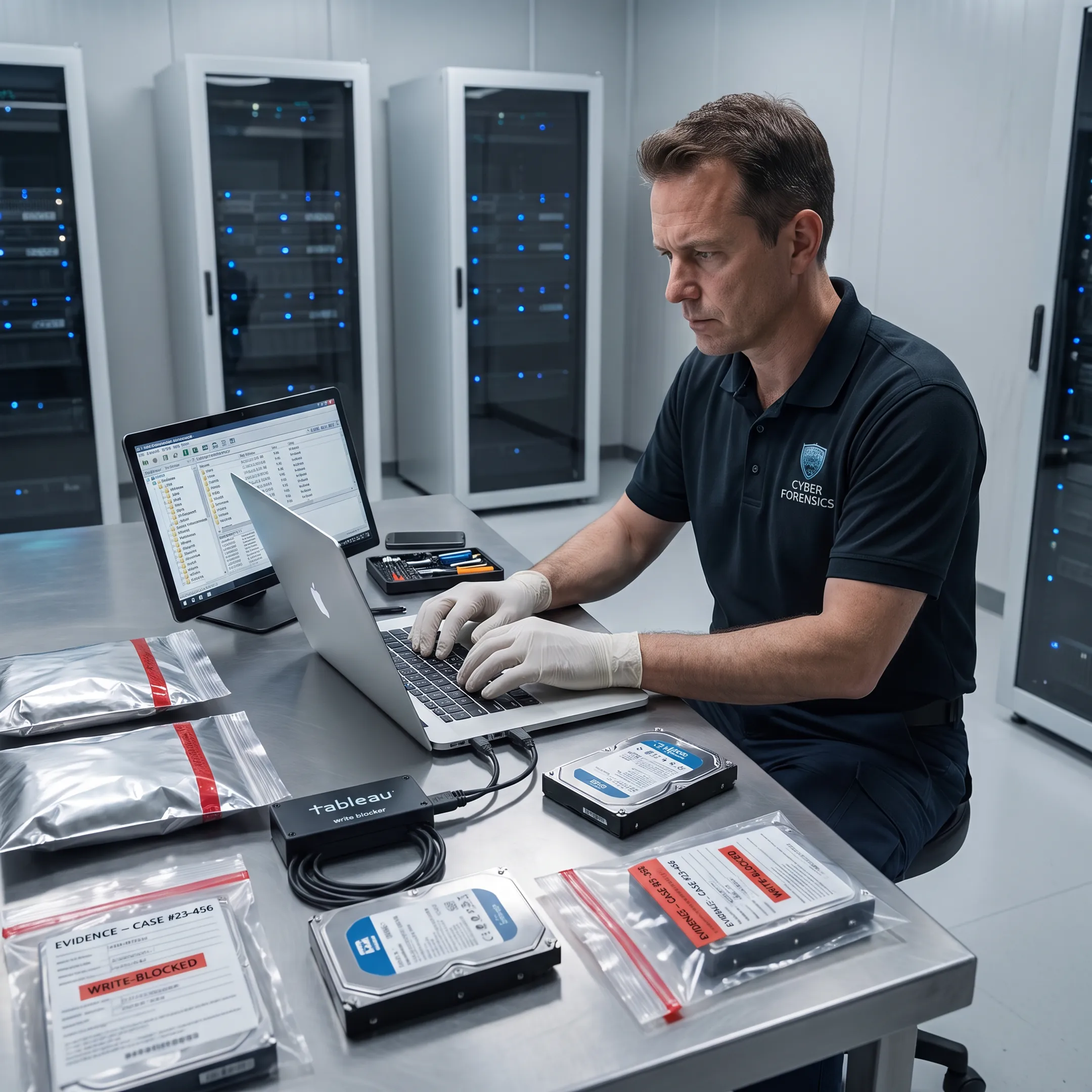 Forensic specialist documenting cyber incident evidence