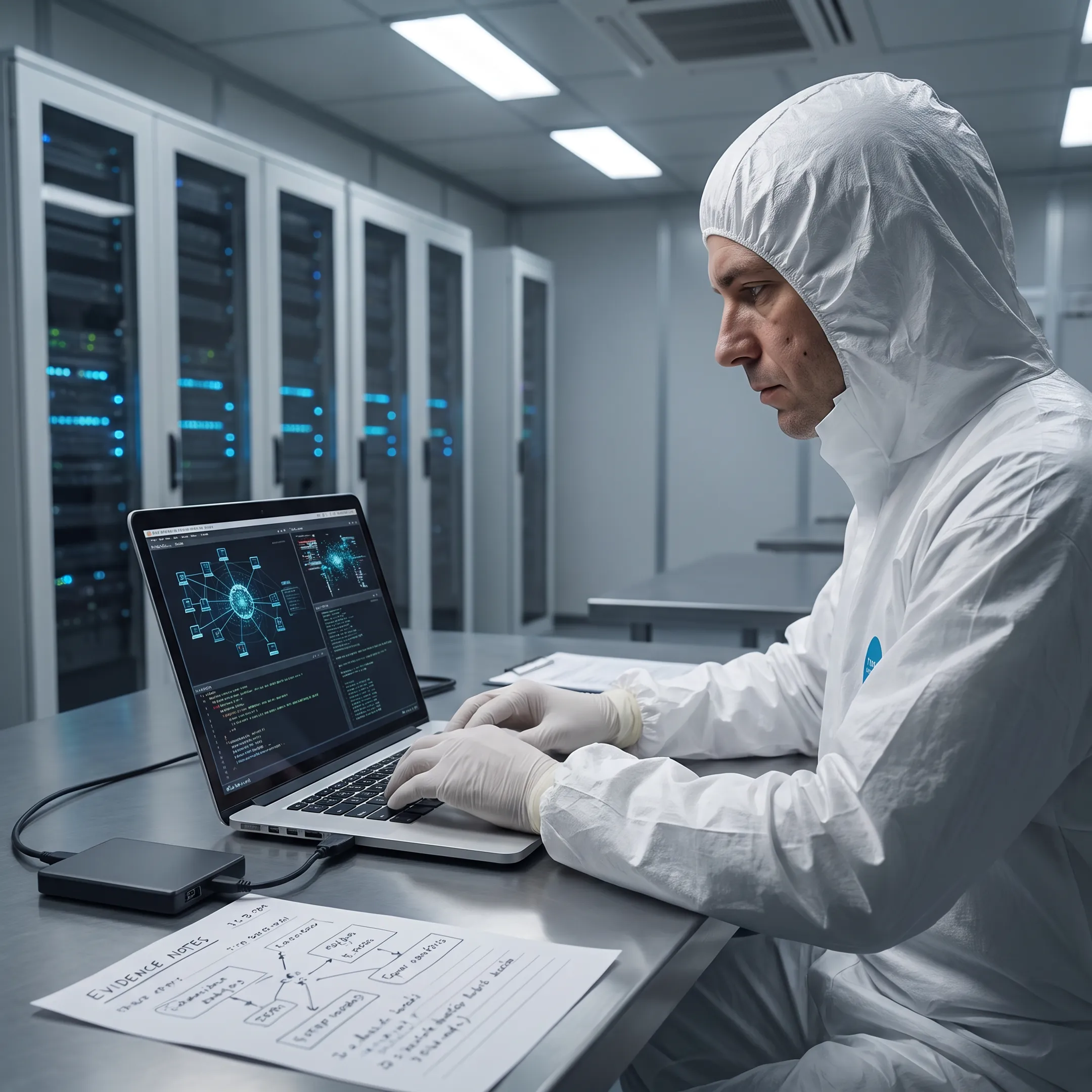 Digital forensic examiner analyzing a compromised laptop