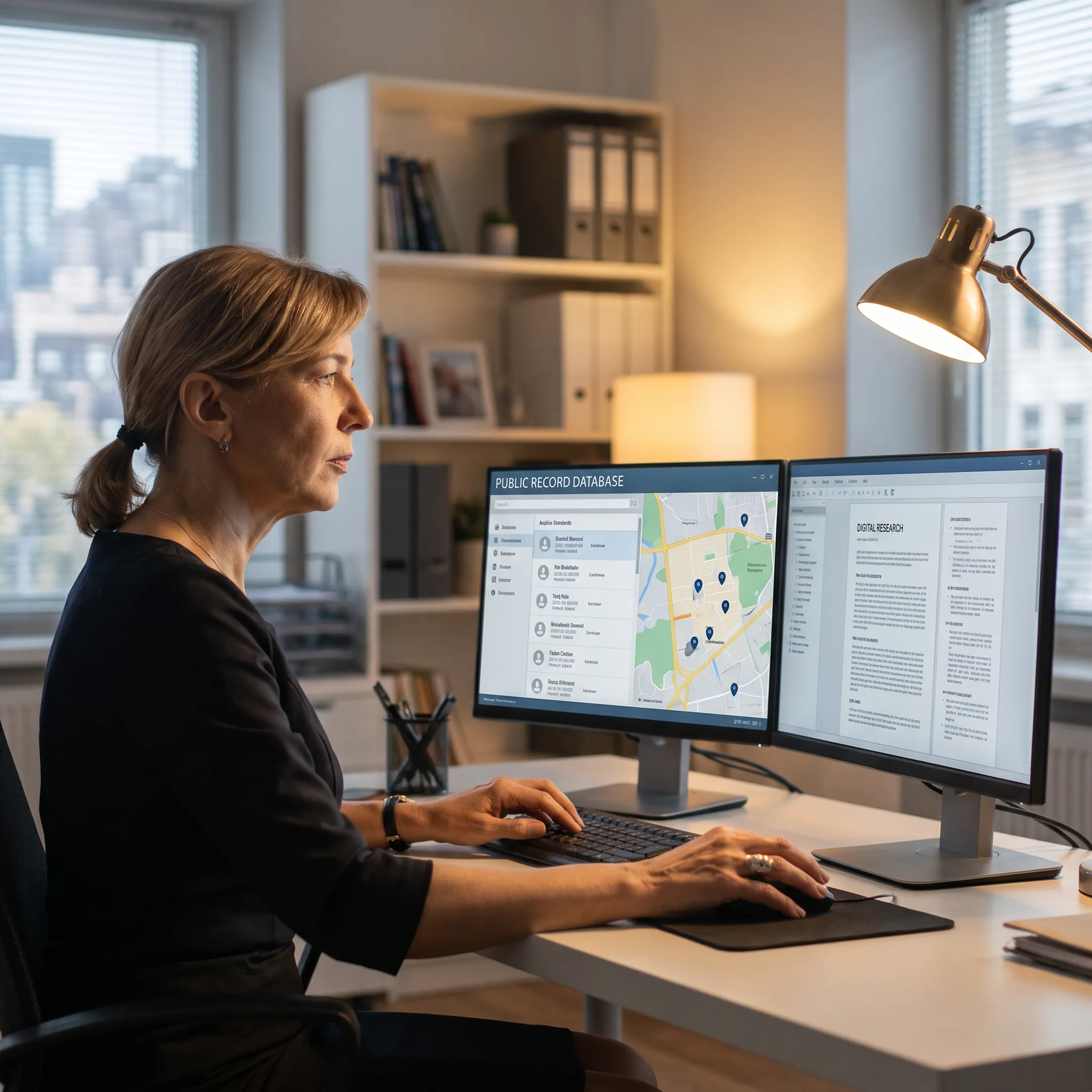 Investigator reviewing records for a skip tracing case
