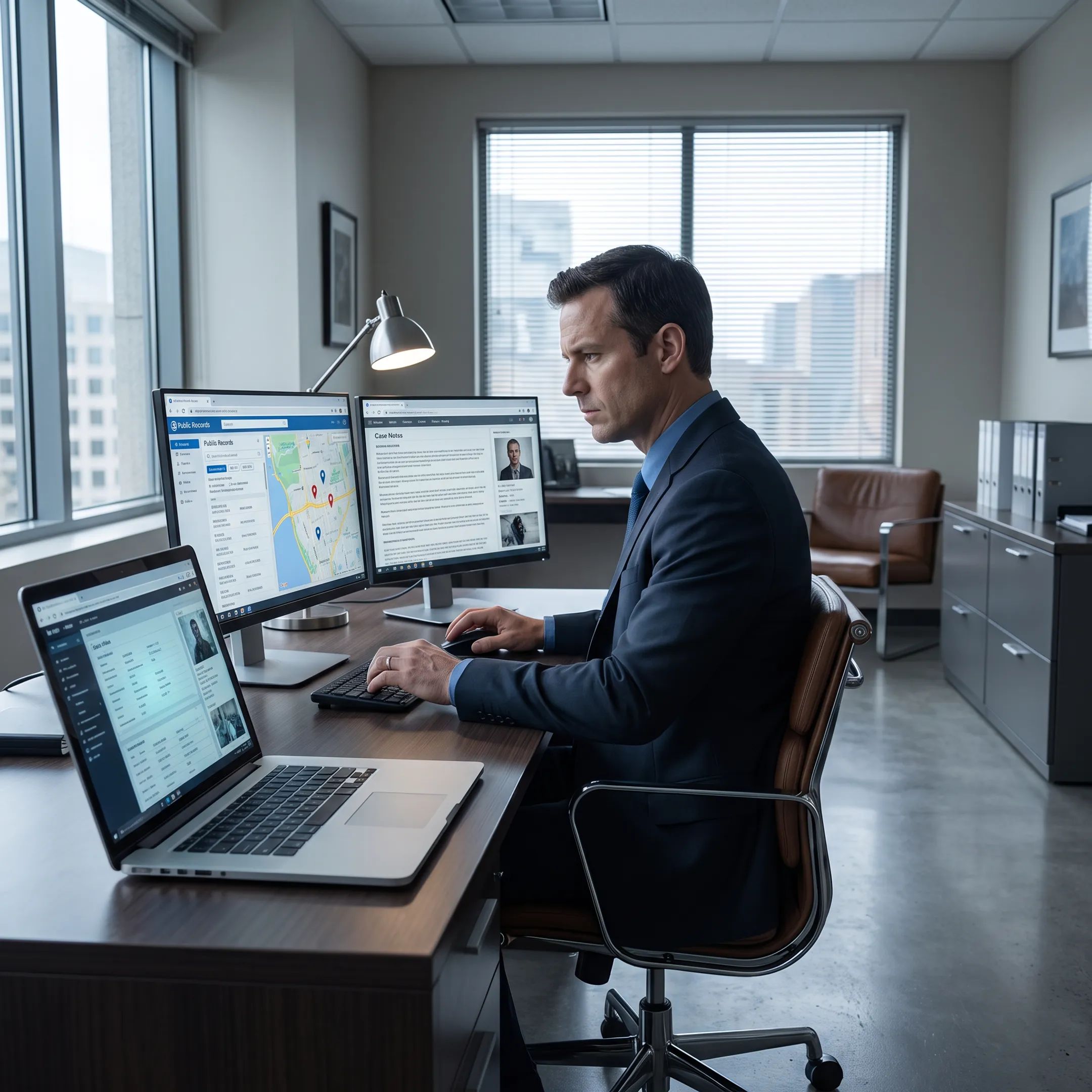 Investigator reviewing location research on a laptop