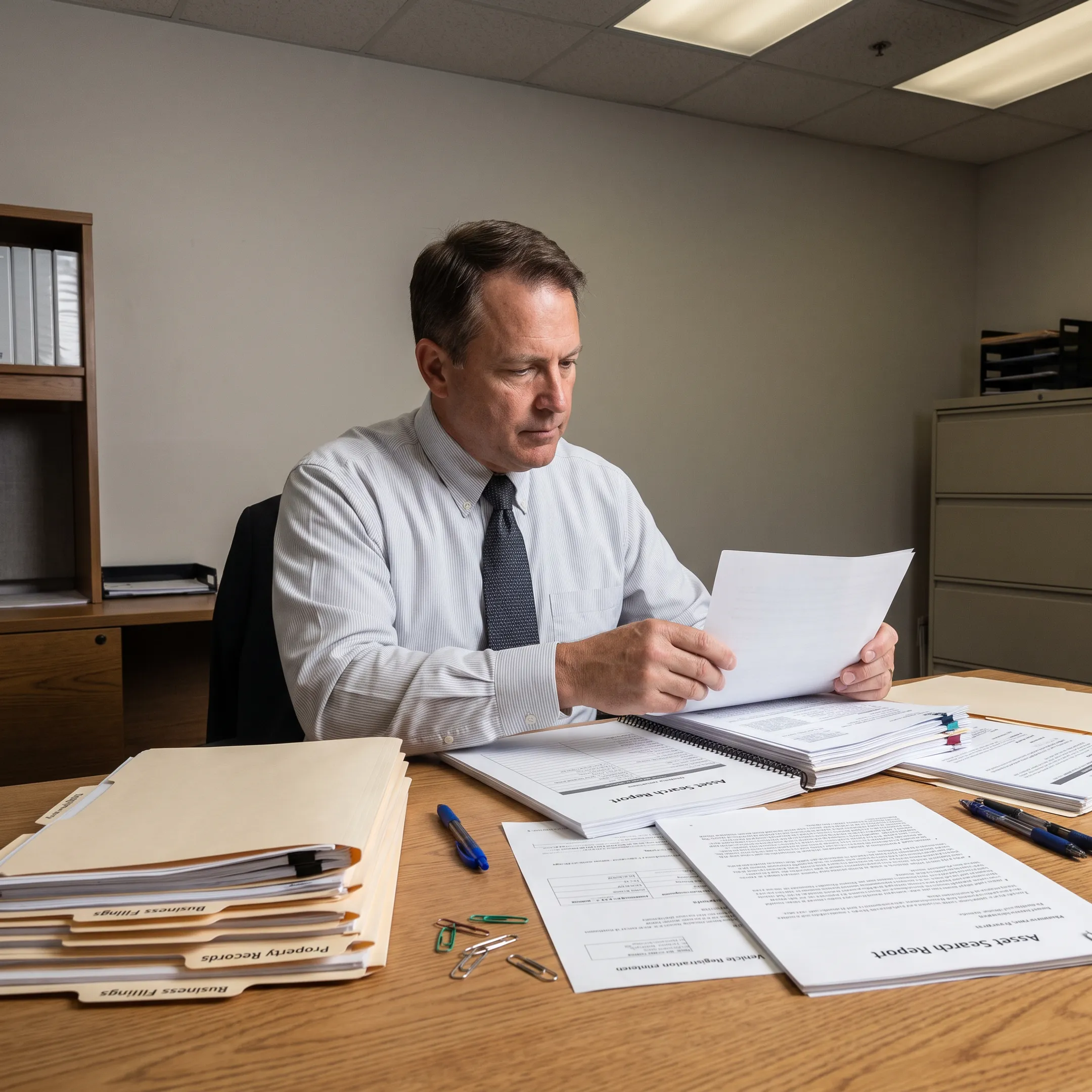 Asset investigator organizing documented search findings