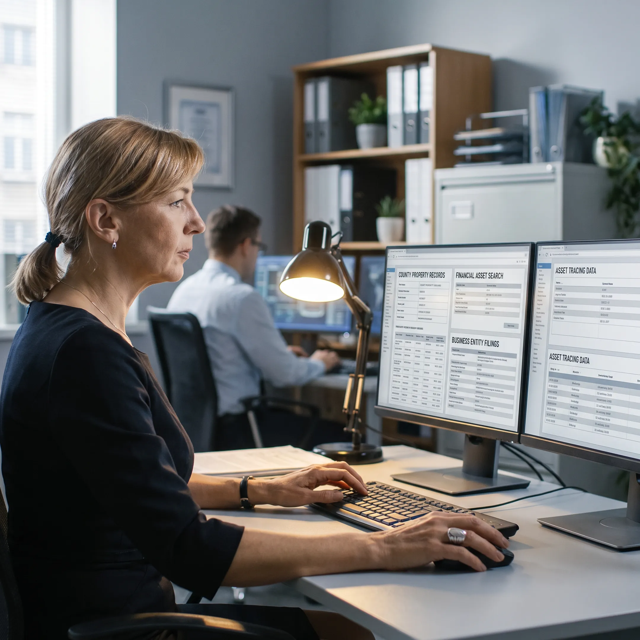 Investigator reviewing asset research records
