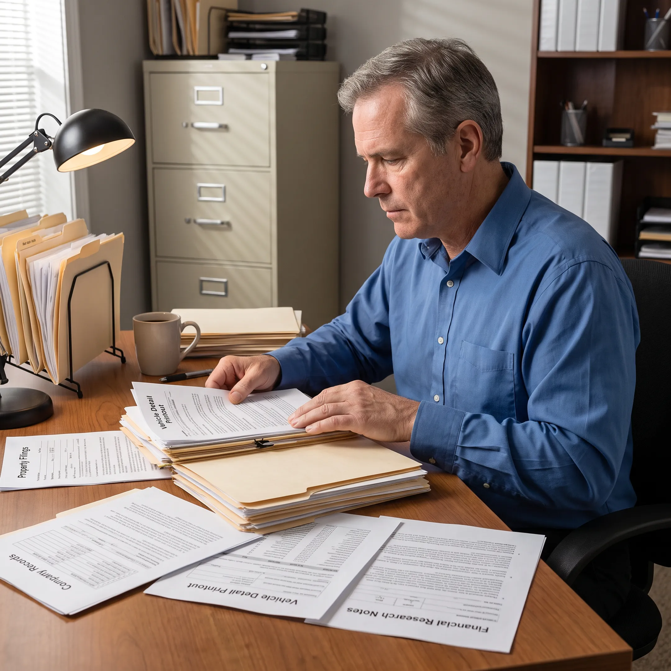 Investigator organizing asset determination evidence