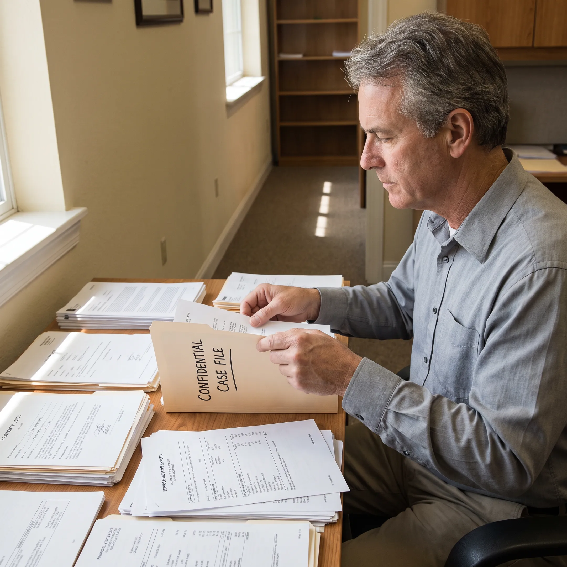 Investigator organizing asset search findings
