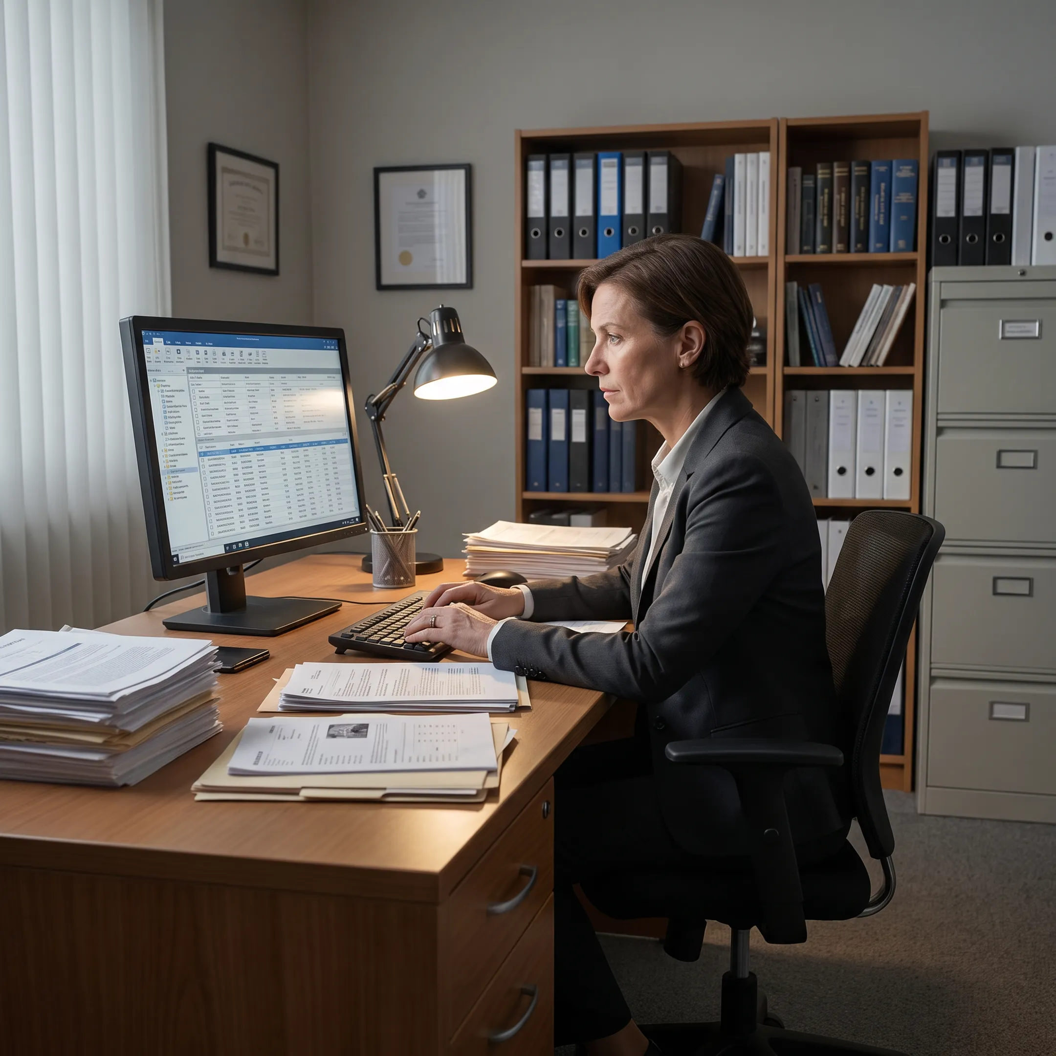 Investigator analyzing records and online intelligence