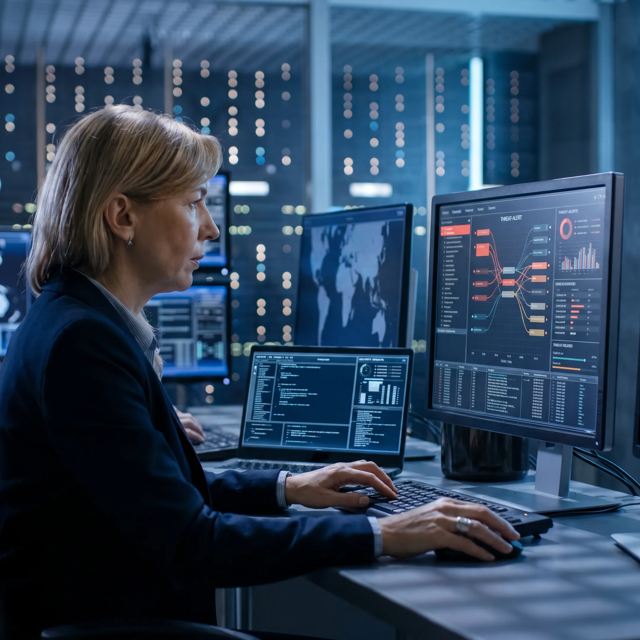 Cybersecurity analyst monitoring digital threats