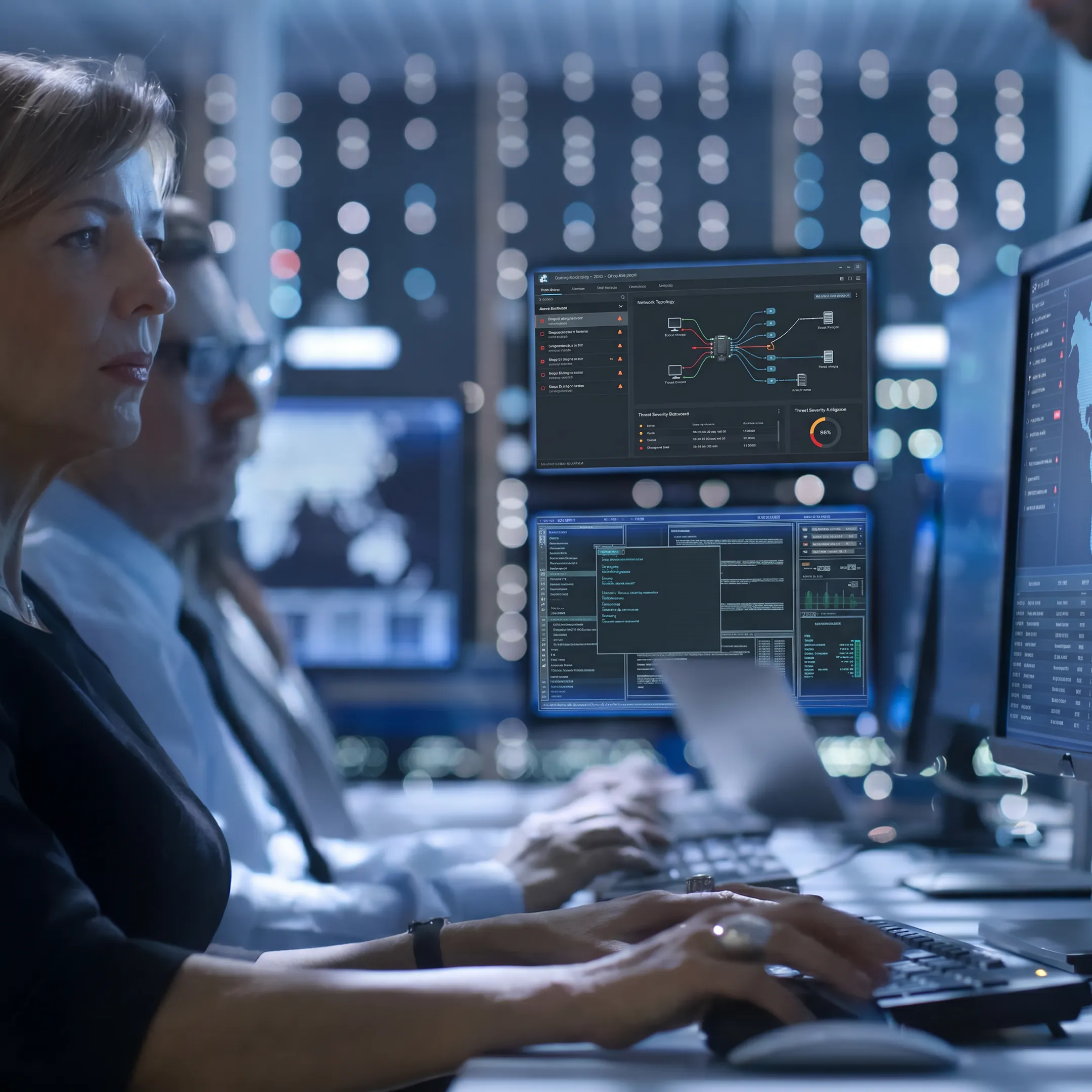 Cybersecurity analyst monitoring threats on multiple screens