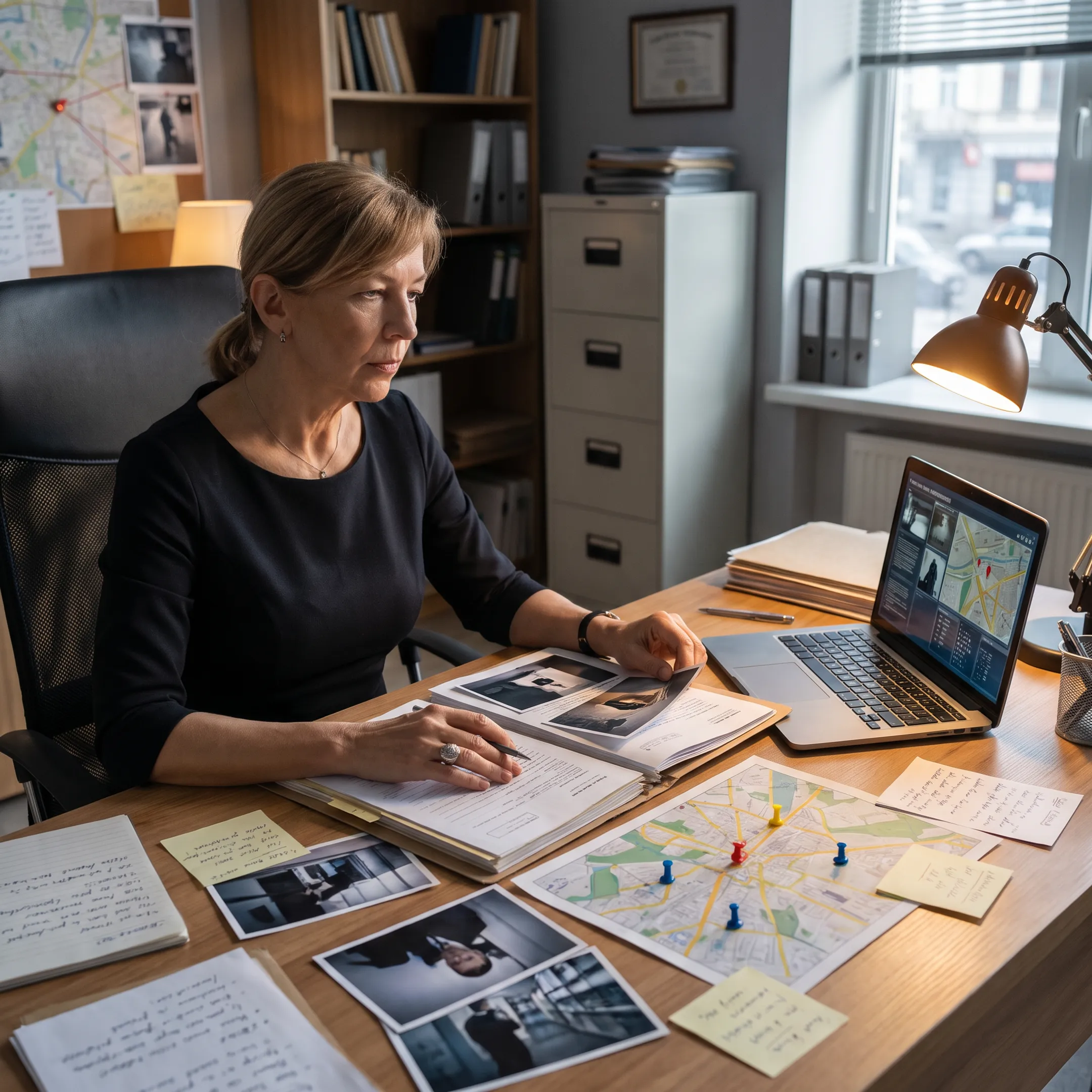 Private investigator reviewing case evidence