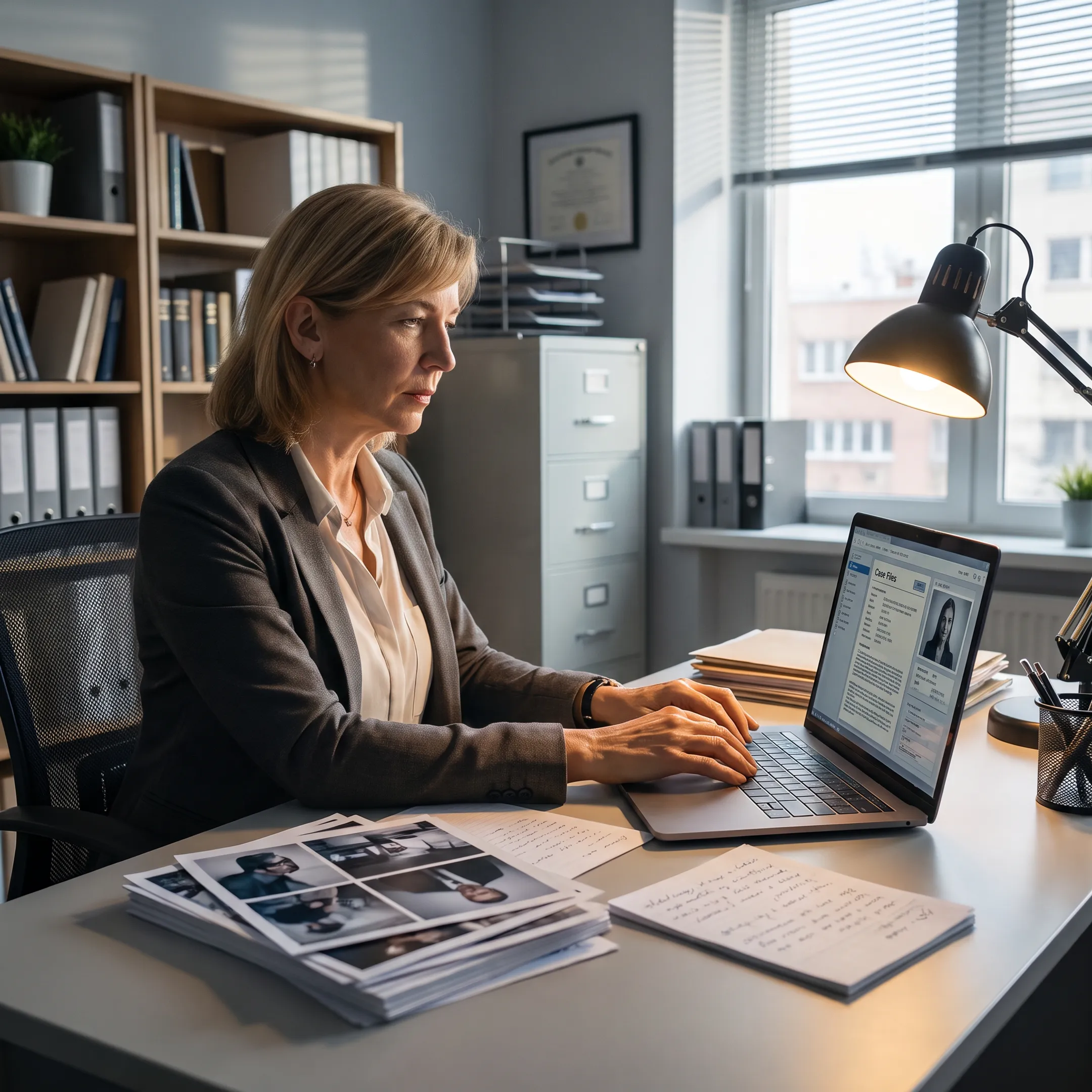 Private investigator reviewing case evidence
