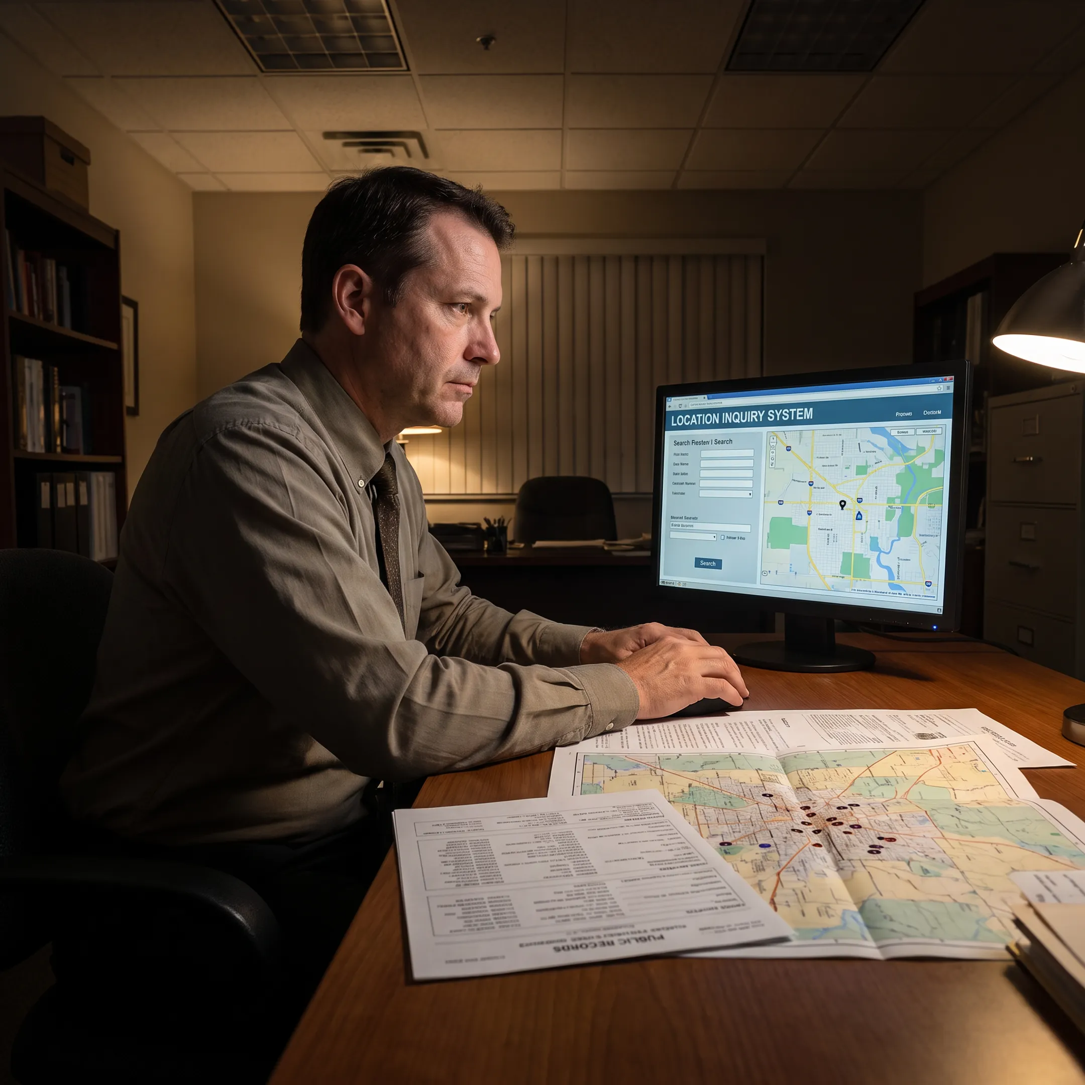 Investigator reviewing location research records