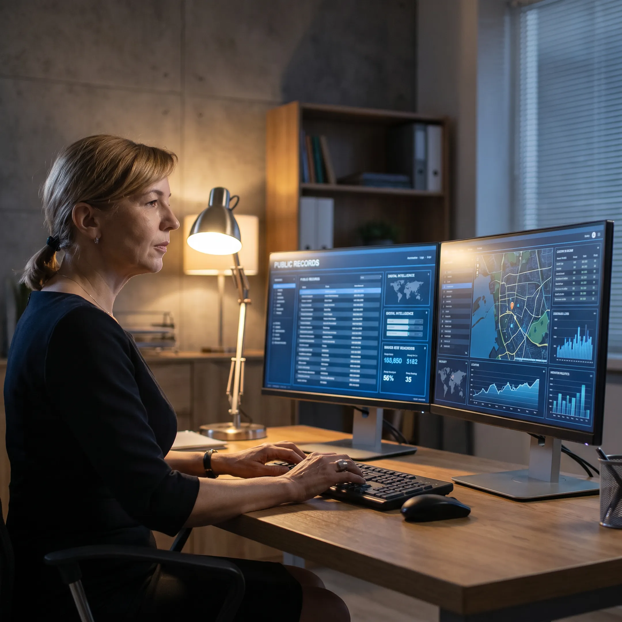 Investigator analyzing records and online intelligence
