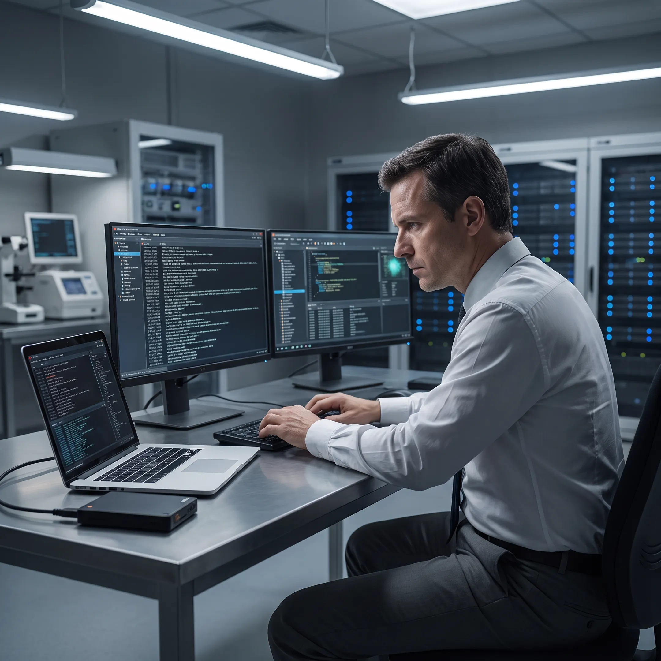 Forensic examiner analyzing a compromised laptop