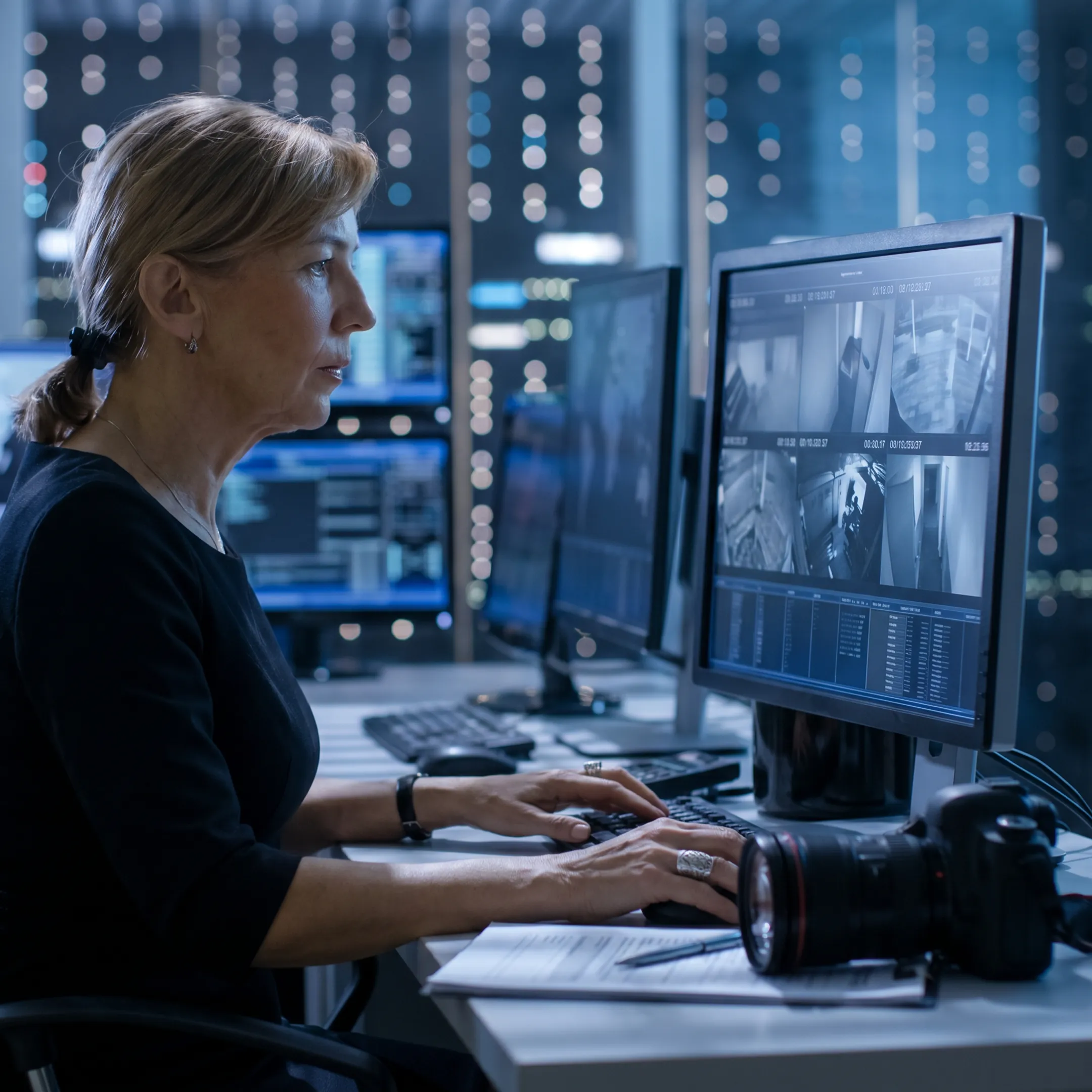 Investigator reviewing surveillance notes and camera footage