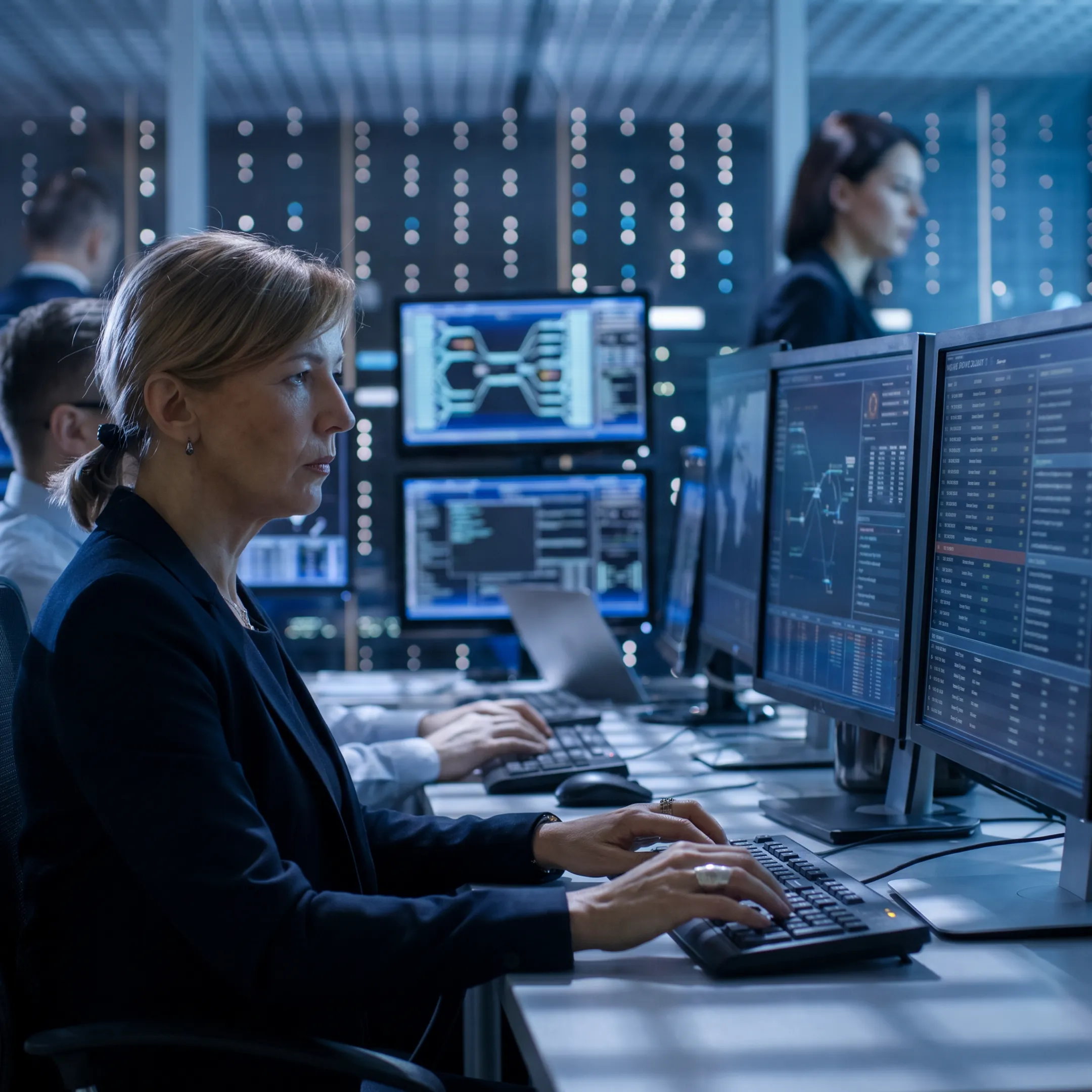 Cybersecurity analyst monitoring threats on multiple screens