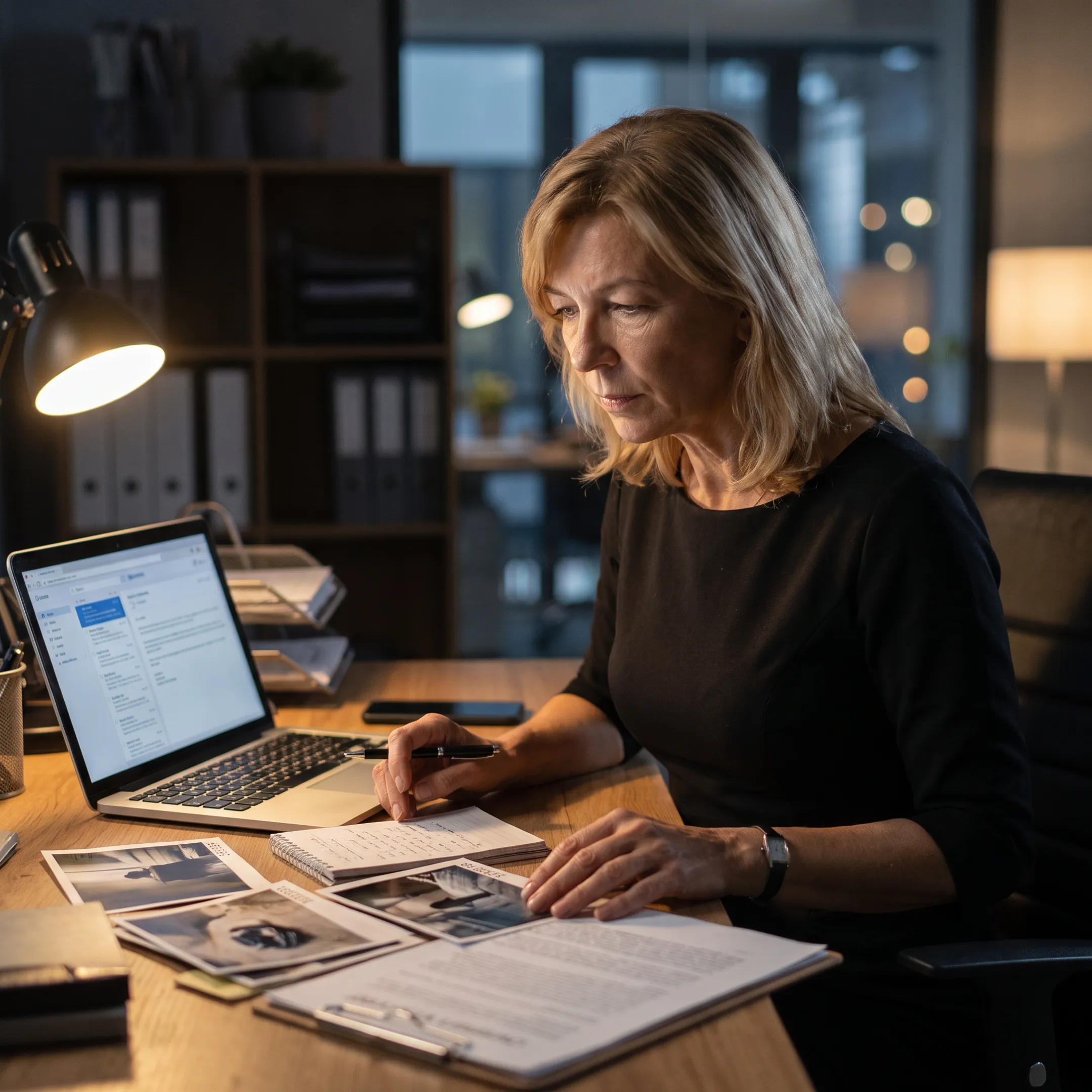Investigator reviewing surveillance notes and photographs