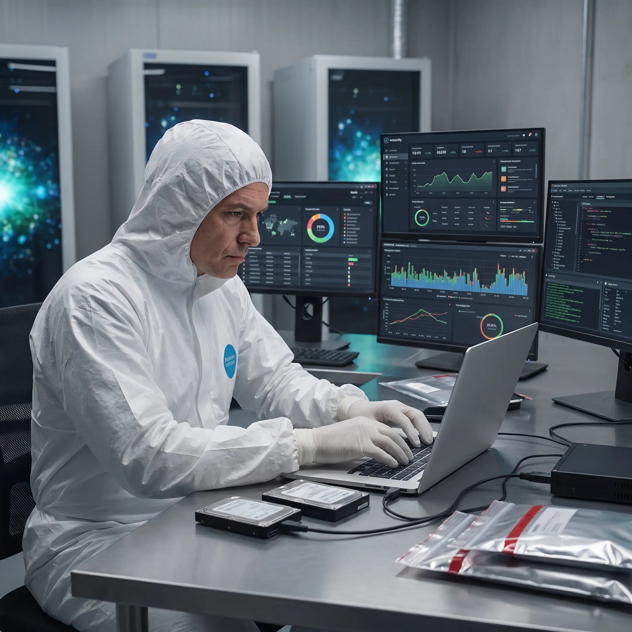 Digital forensic analyst examining a compromised laptop