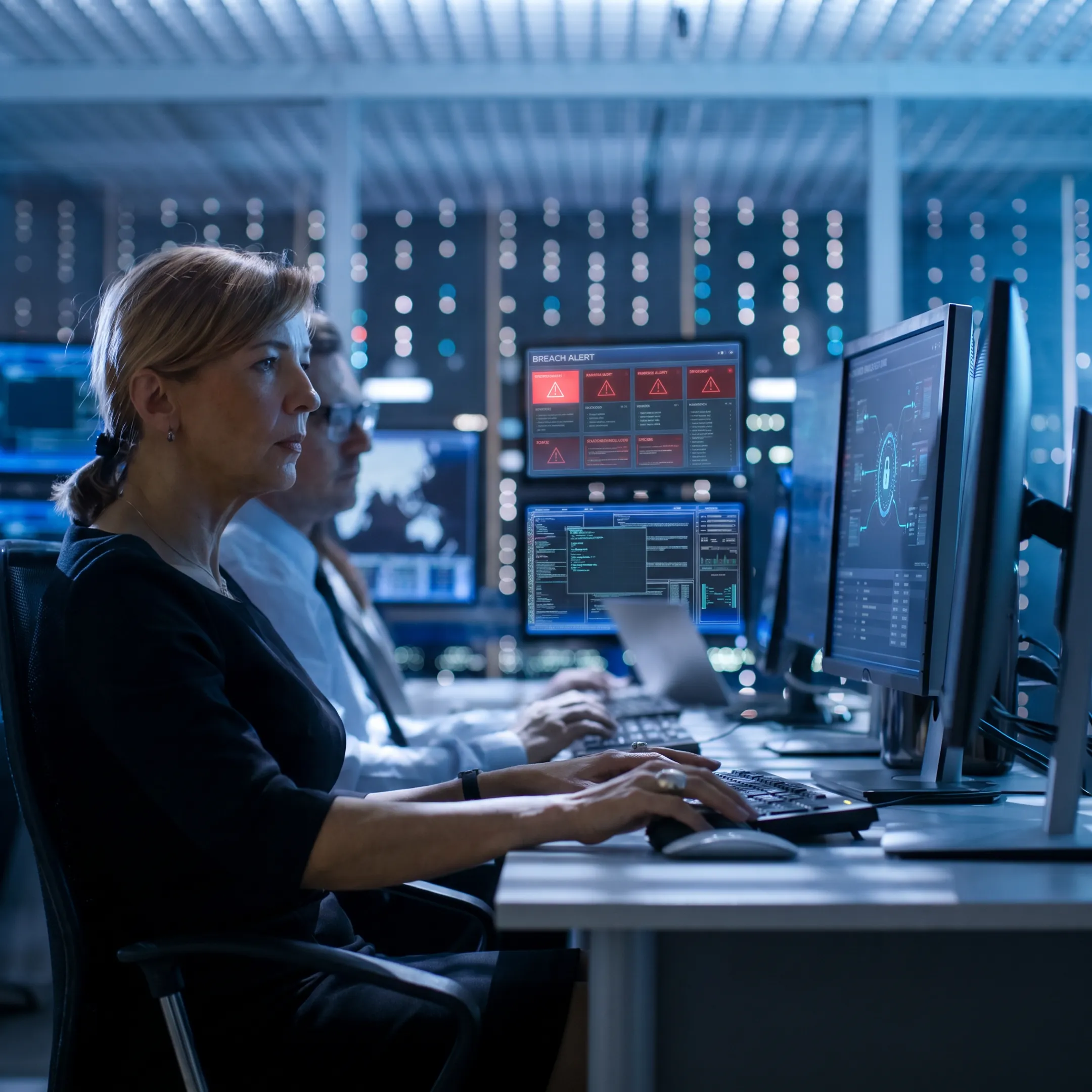 Cybersecurity analyst reviewing a data breach alert