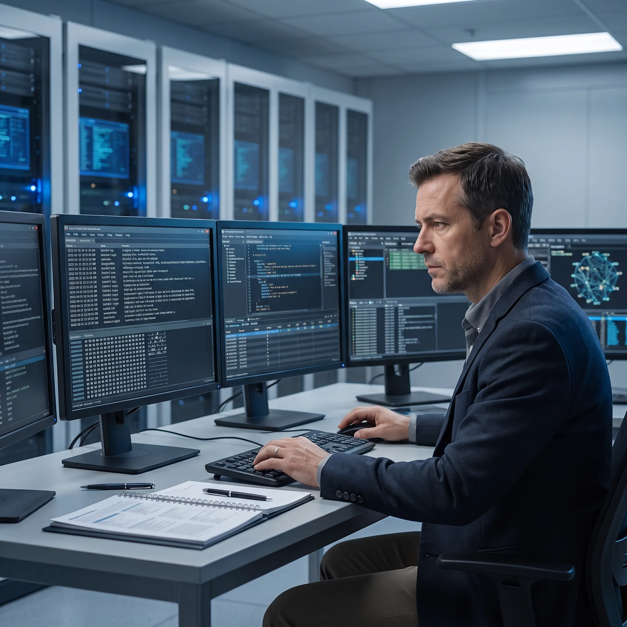 Forensic specialist analyzing breach evidence