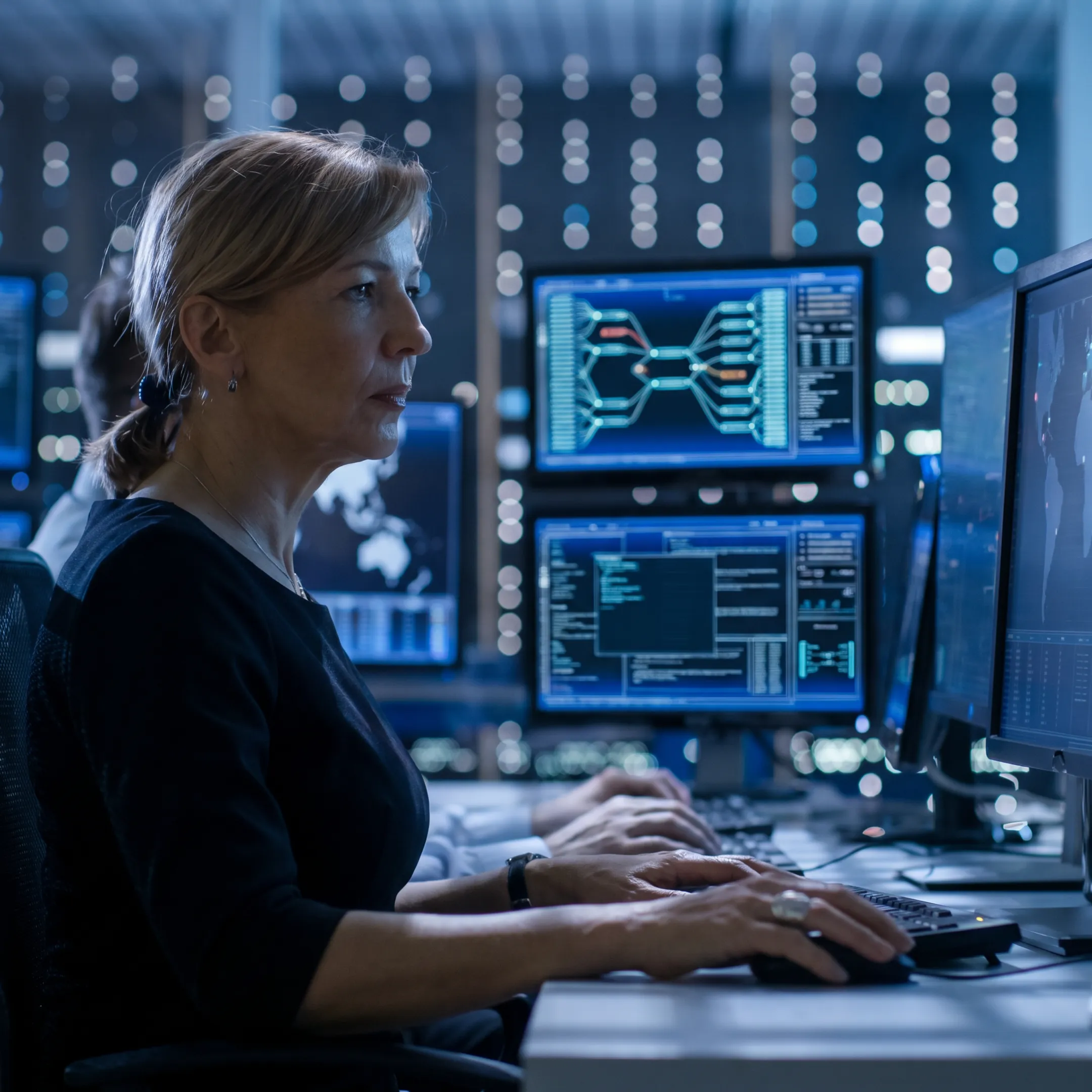 Cybersecurity analyst reviewing network threats