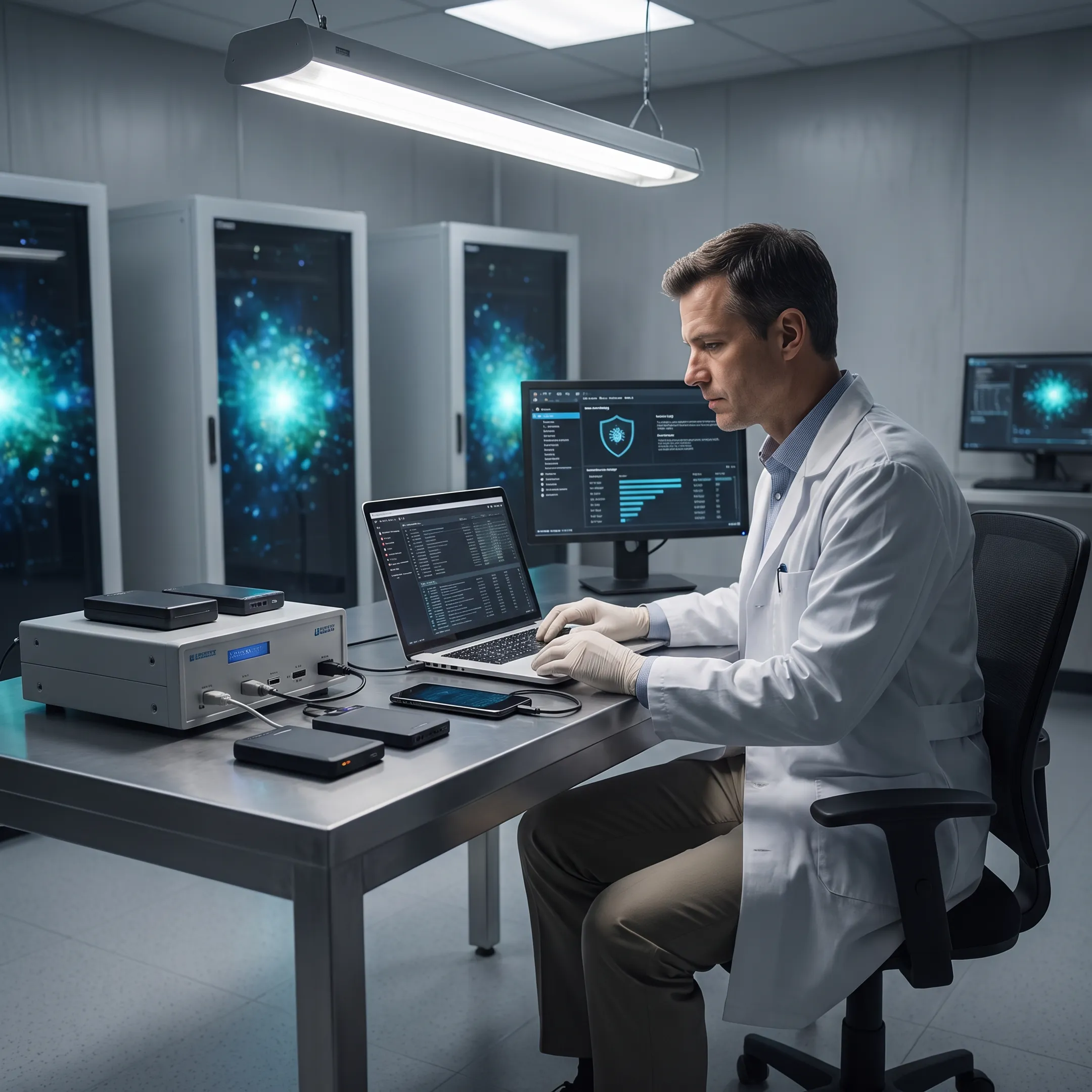 Digital forensic examiner reviewing a compromised laptop