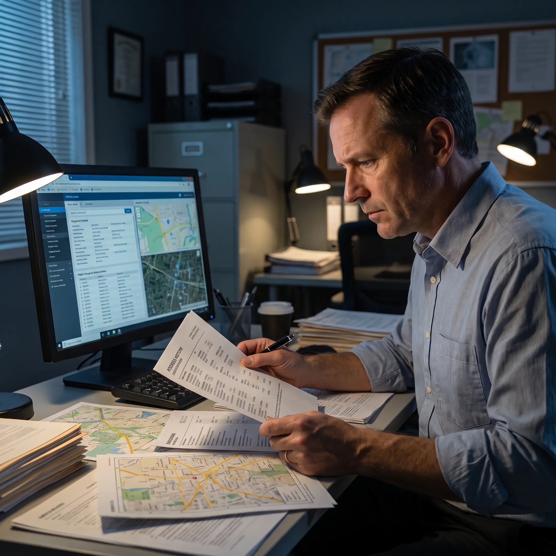Investigator analyzing location leads and public records