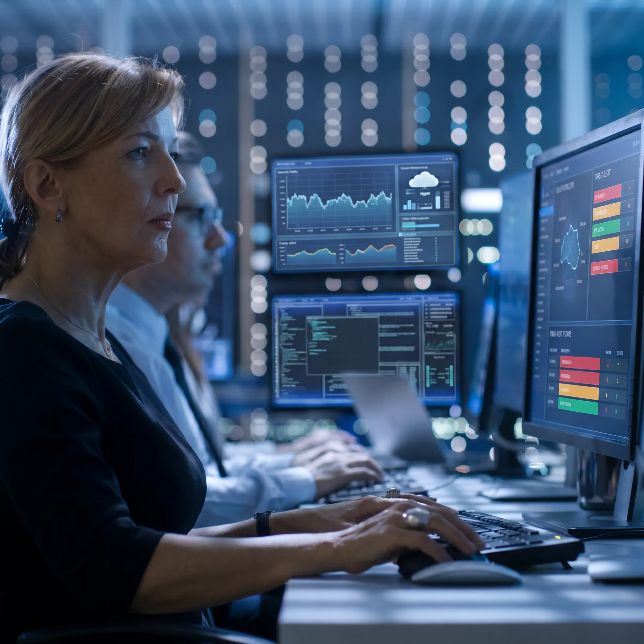 Cybersecurity analyst monitoring network threats