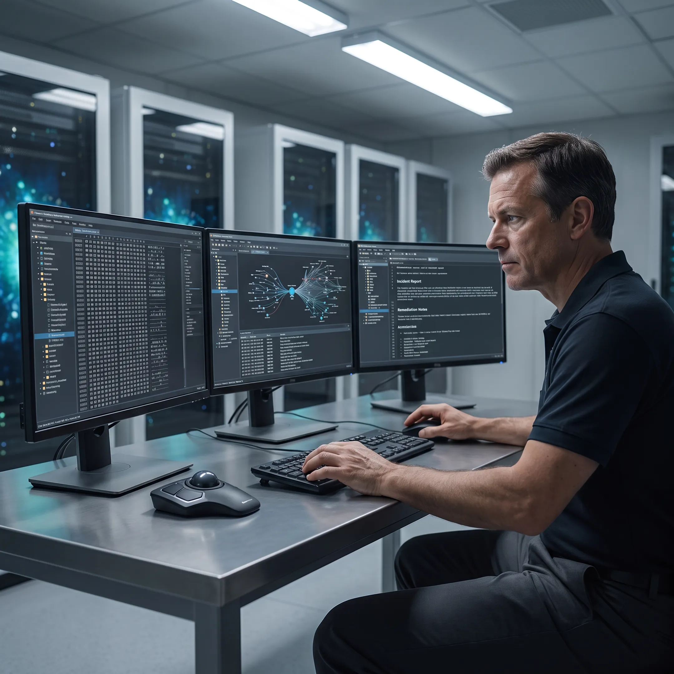 Specialist reviewing cybersecurity evidence
