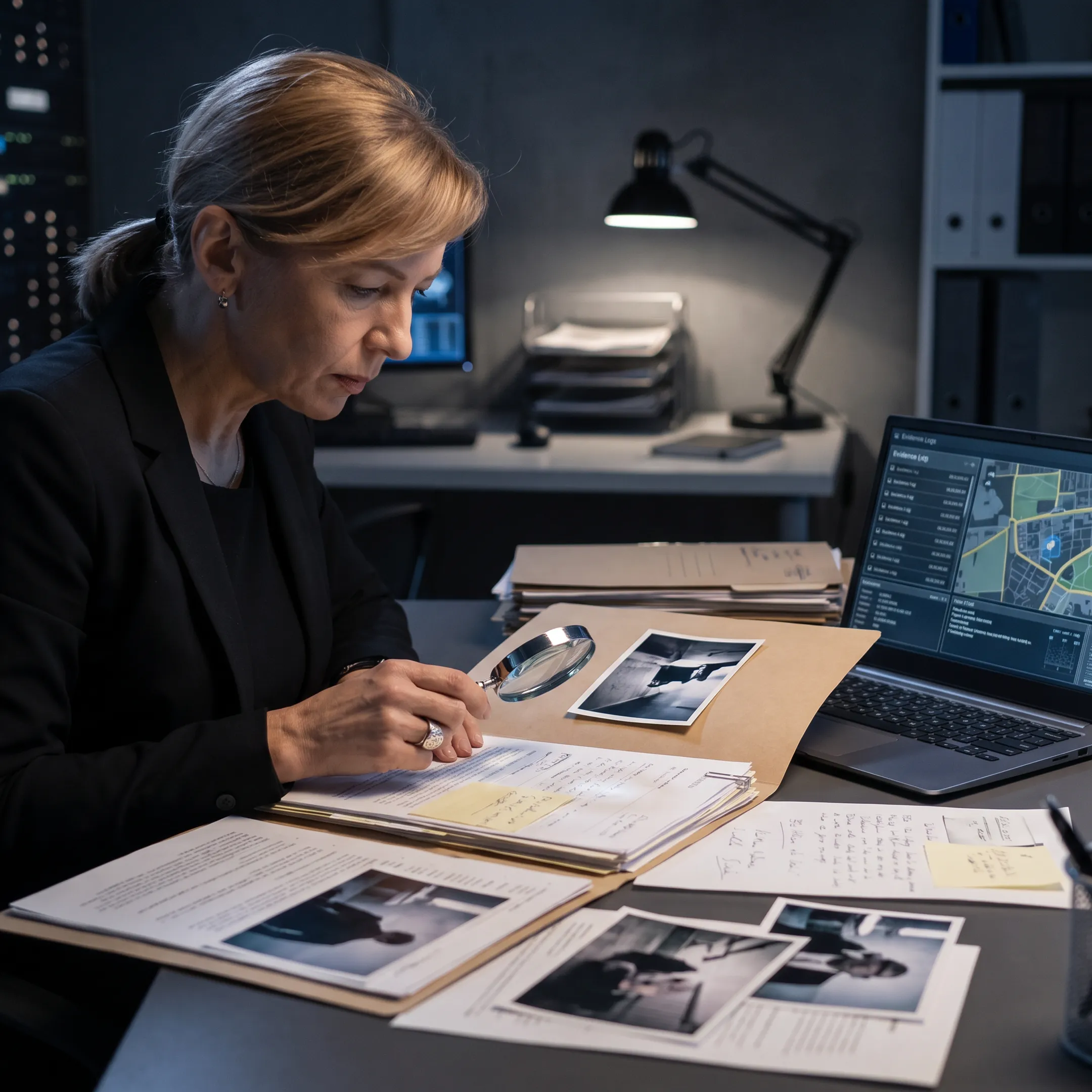 Investigator organizing documented case files
