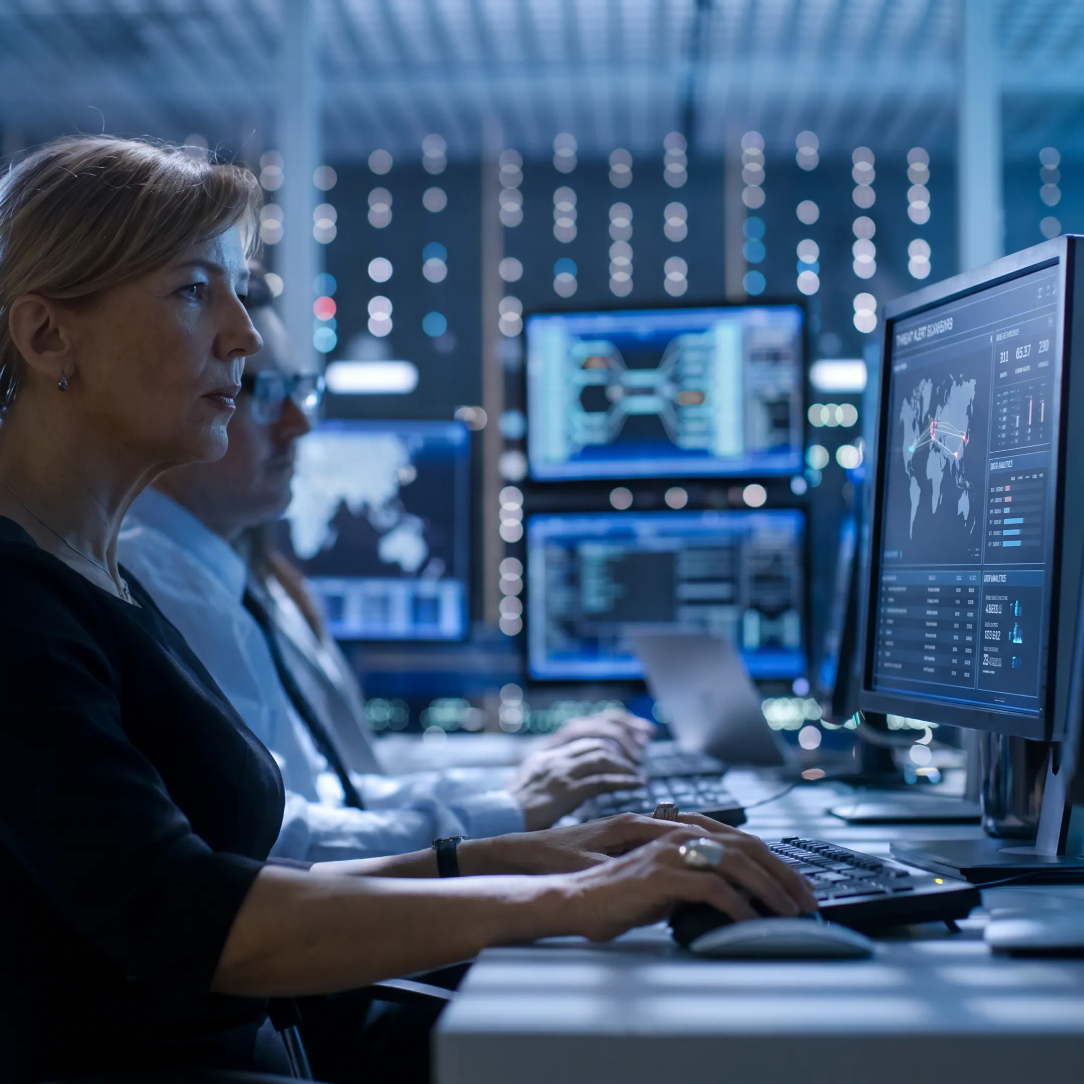 Cybersecurity analyst monitoring a threat detection dashboard