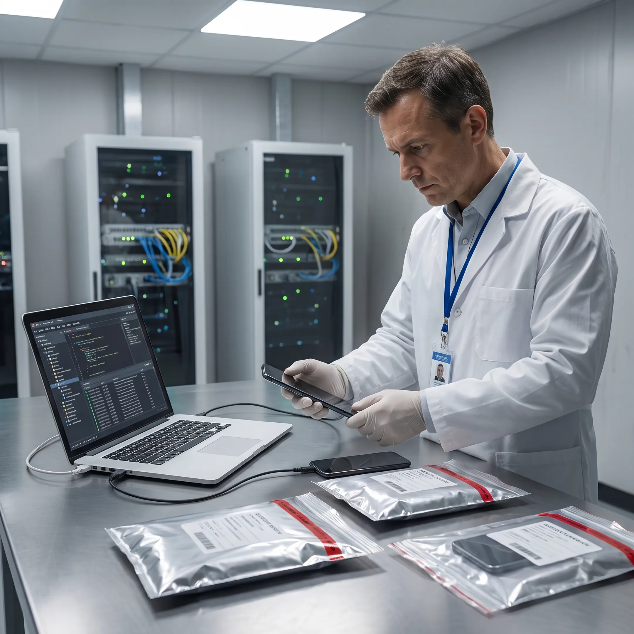 Digital forensic examiner analyzing a compromised smartphone