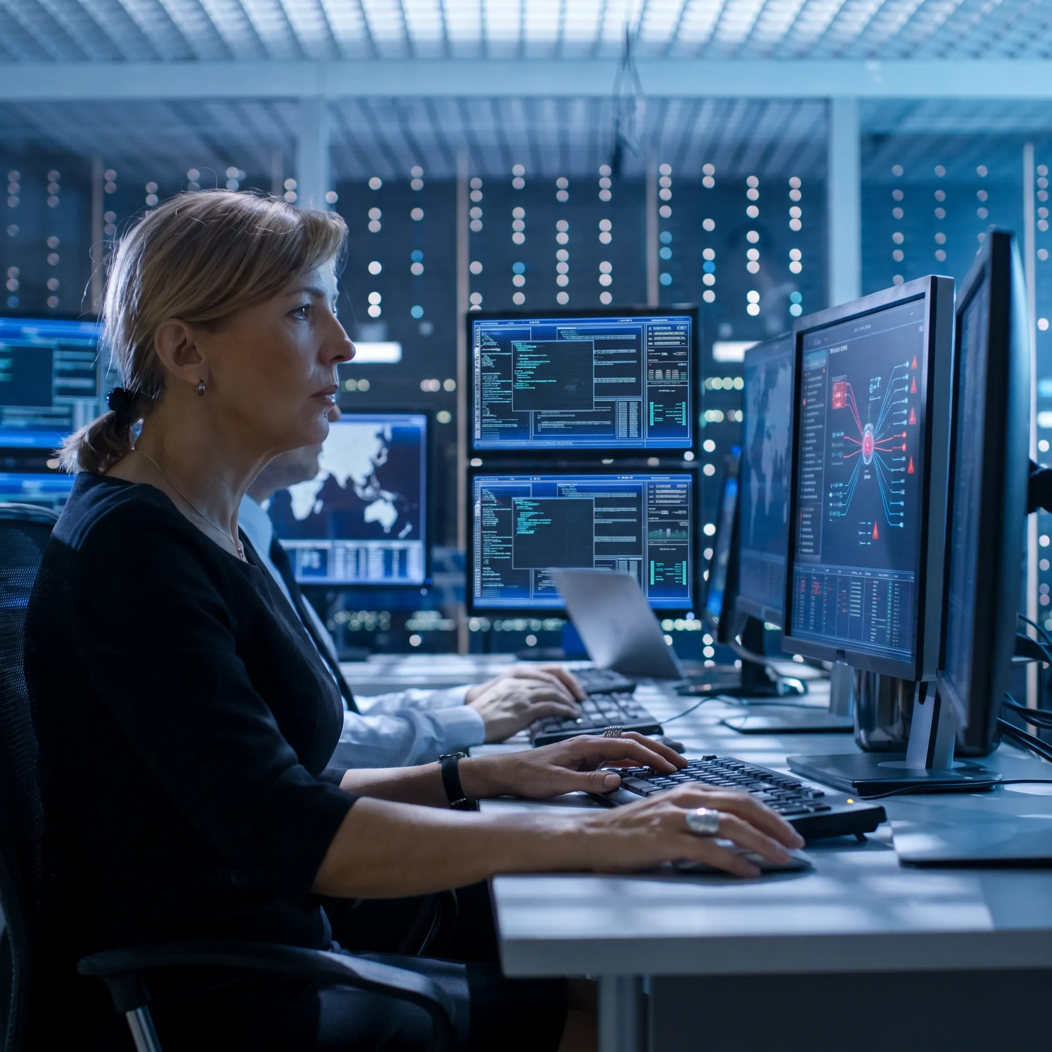 Cybersecurity analyst monitoring a threat dashboard
