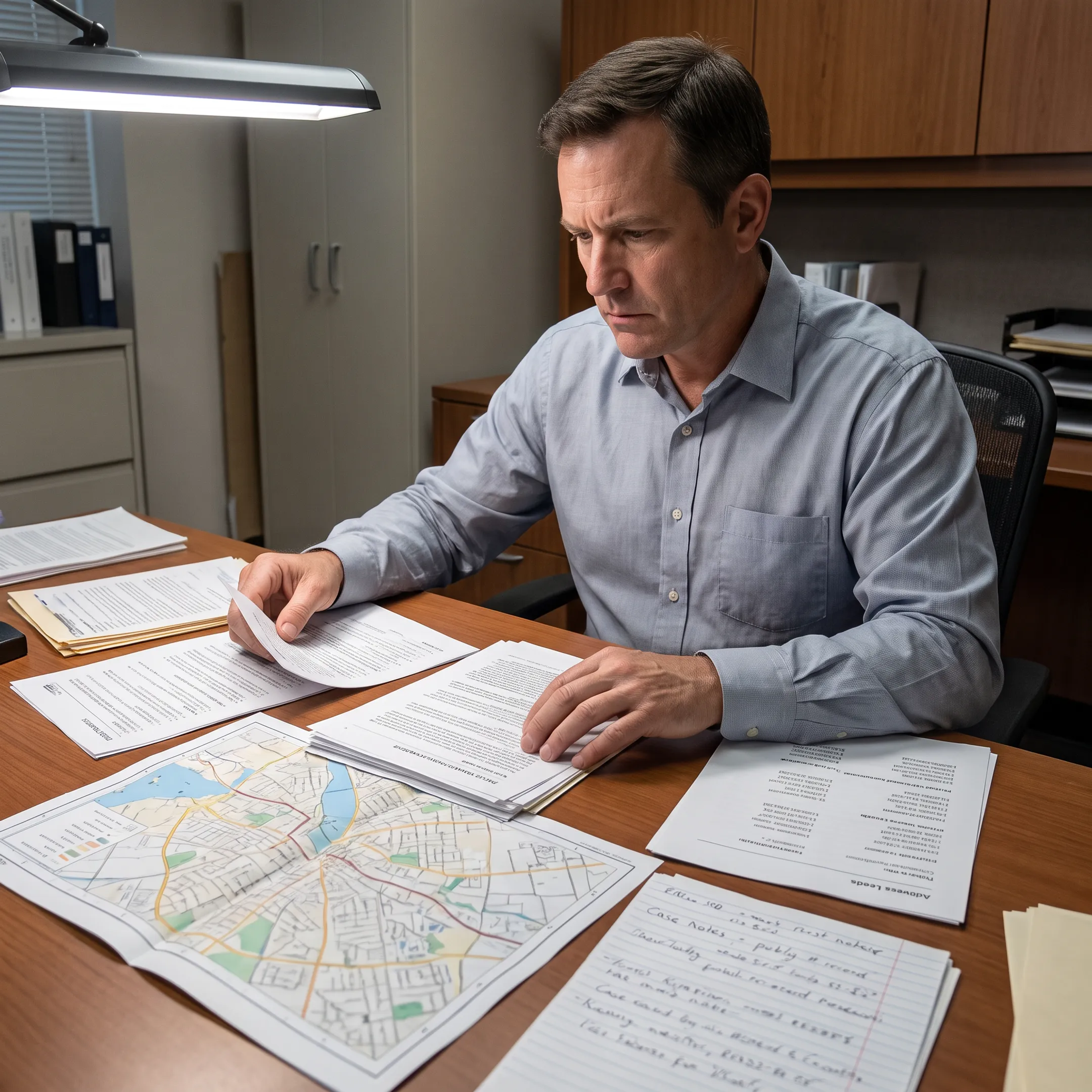 Investigator organizing research findings and maps