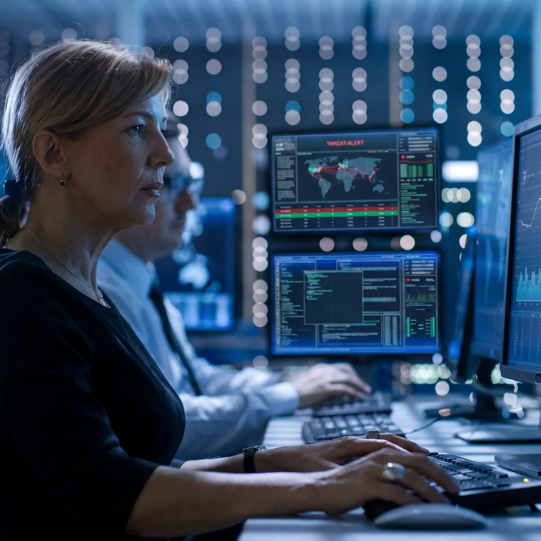 Cybersecurity analyst monitoring network threats