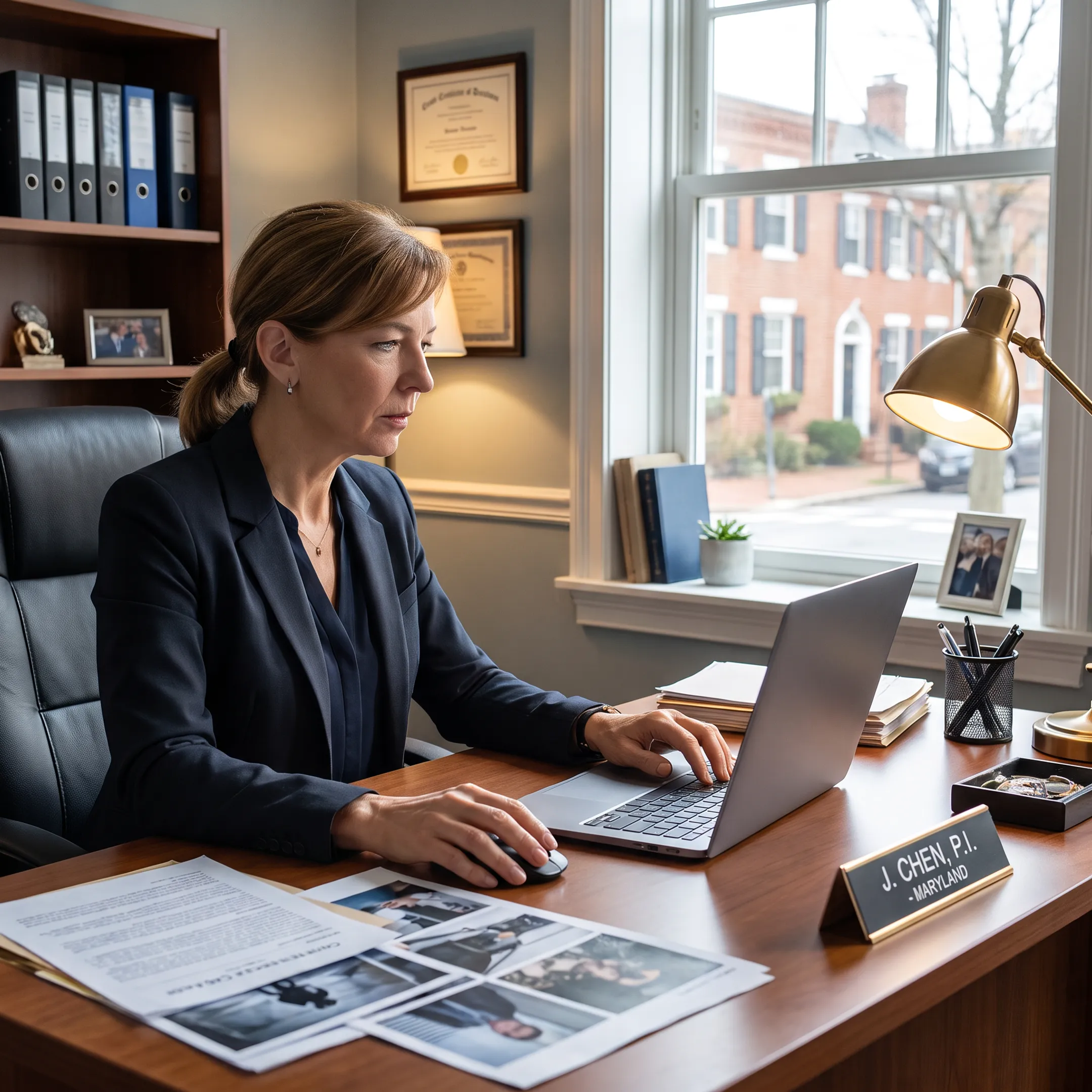 Private investigator reviewing case evidence