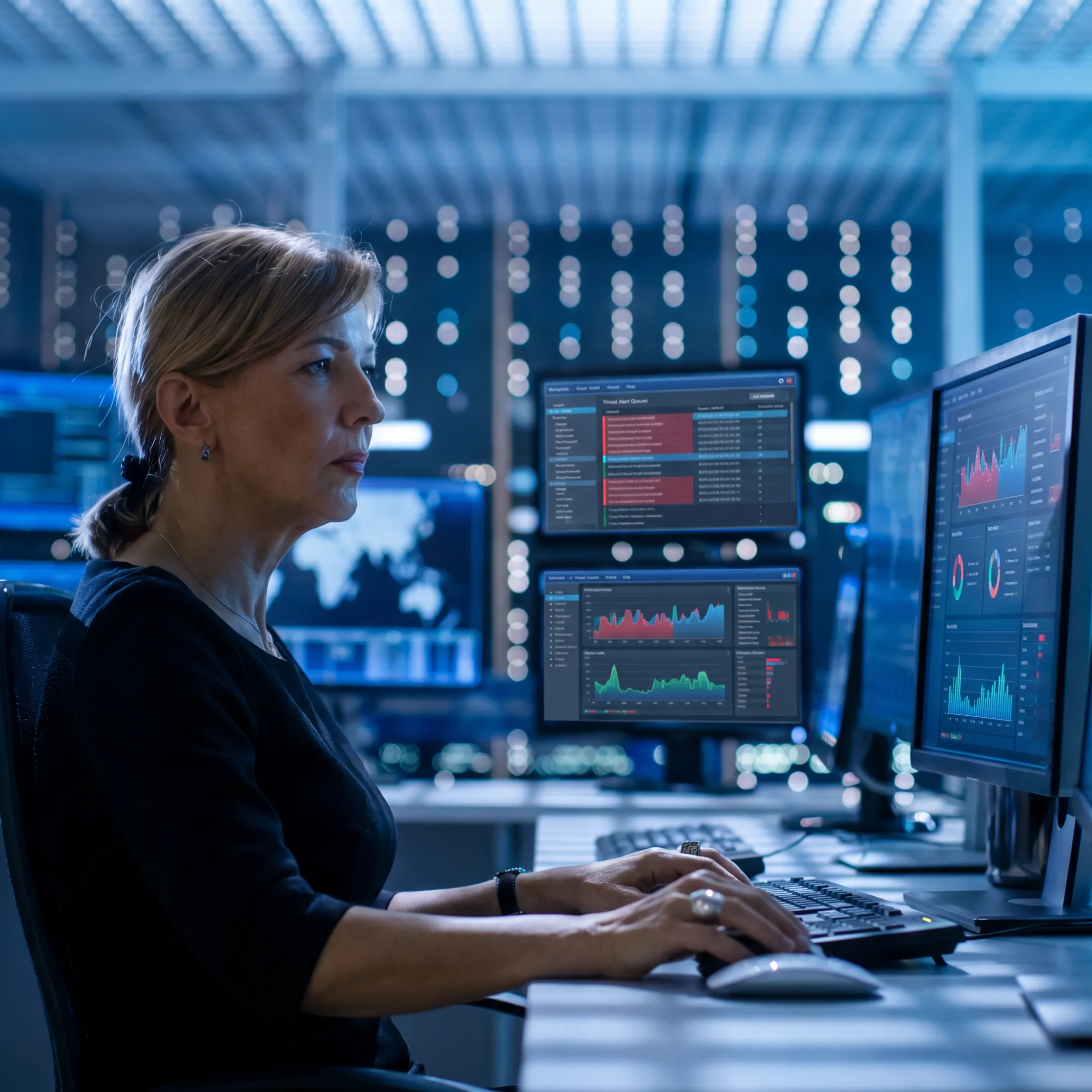 Cybersecurity analyst reviewing threat data