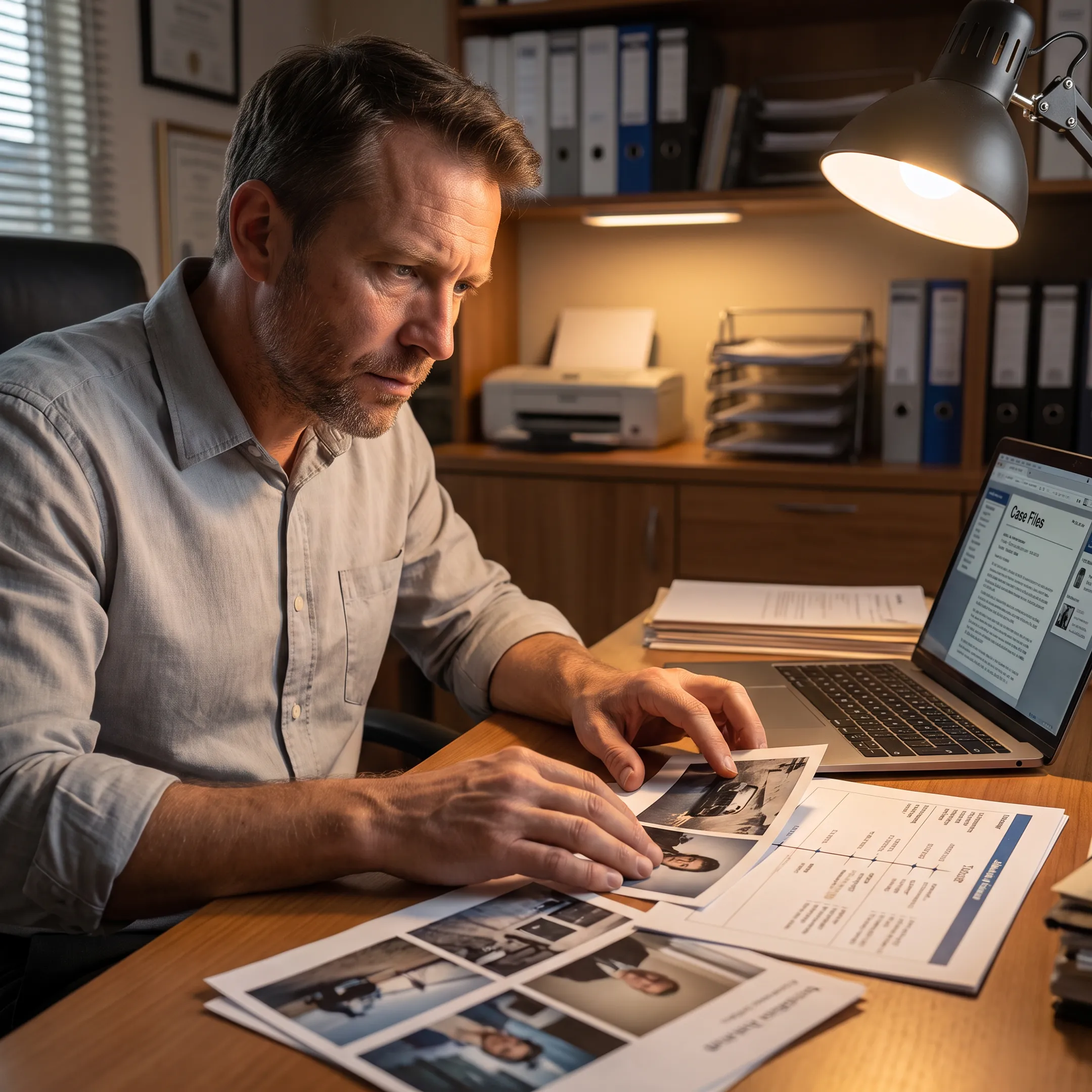 Investigator organizing evidence for a private investigation