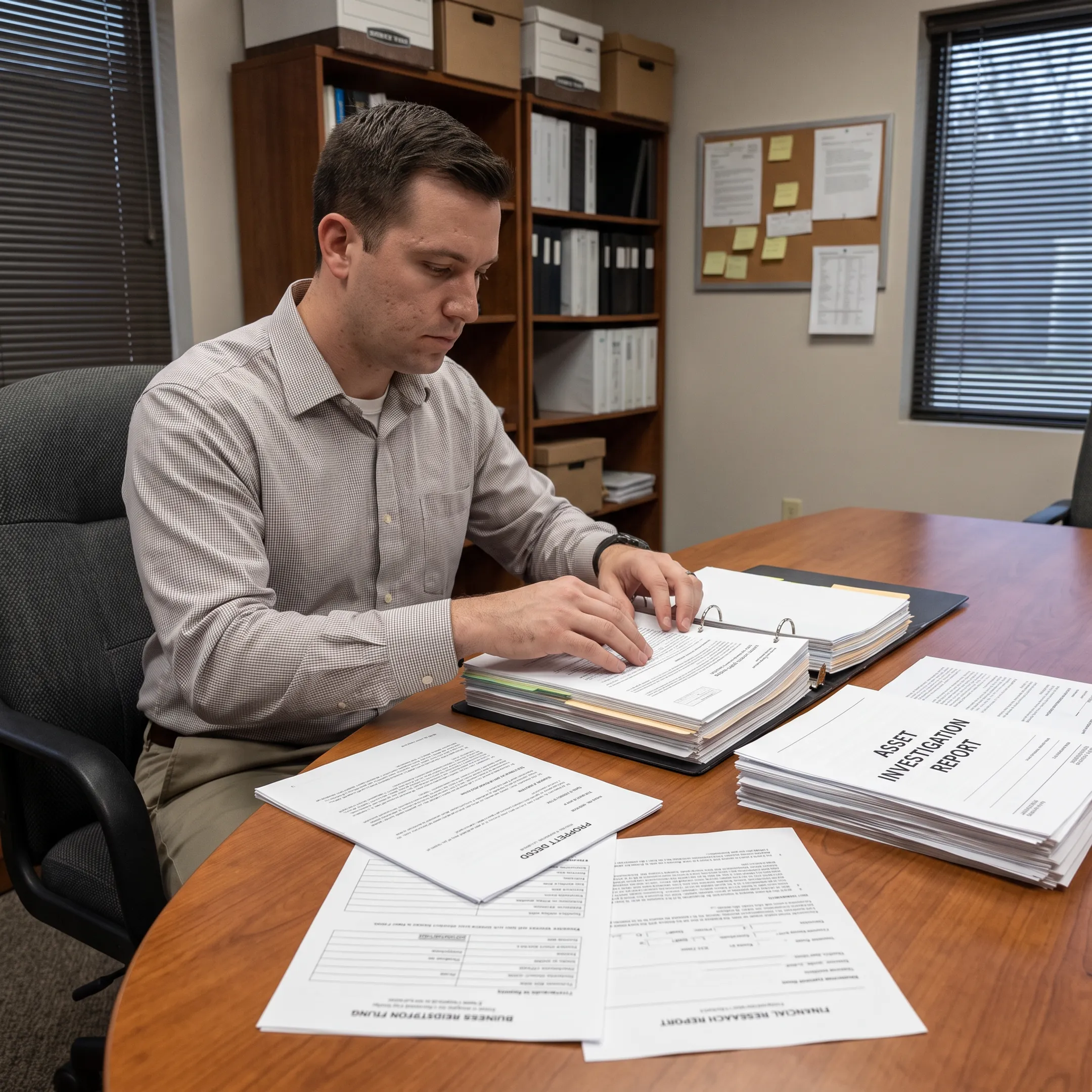 Investigator organizing asset search findings