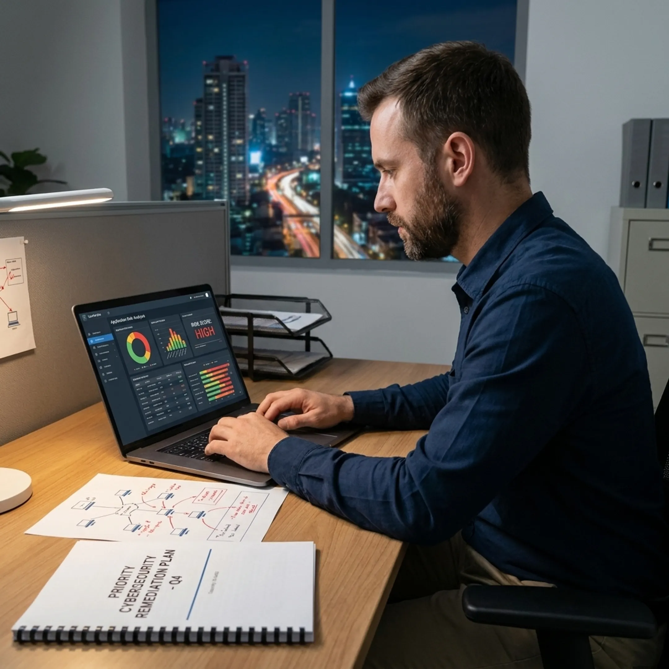 Security professional analyzing application risk results