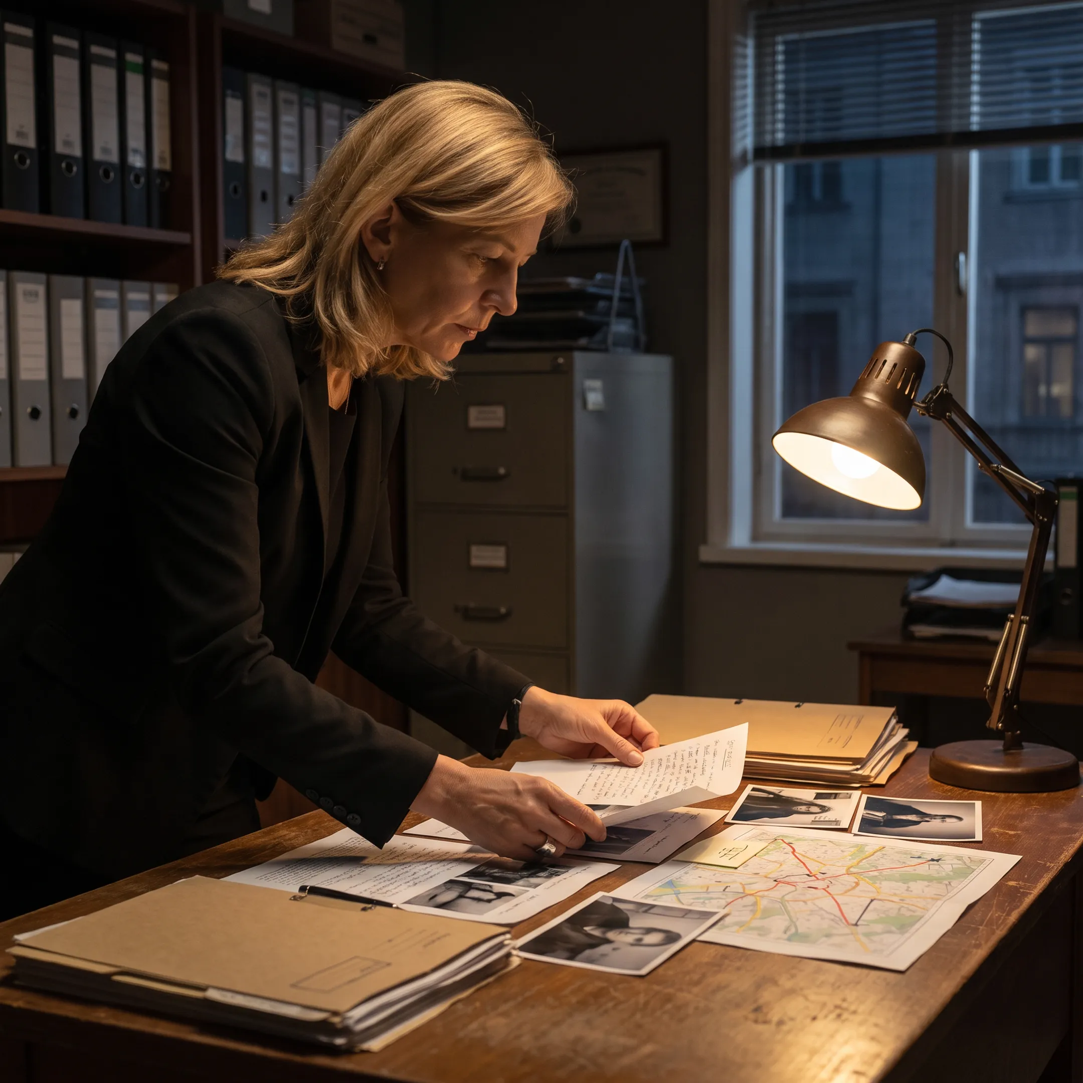Private investigator reviewing case evidence