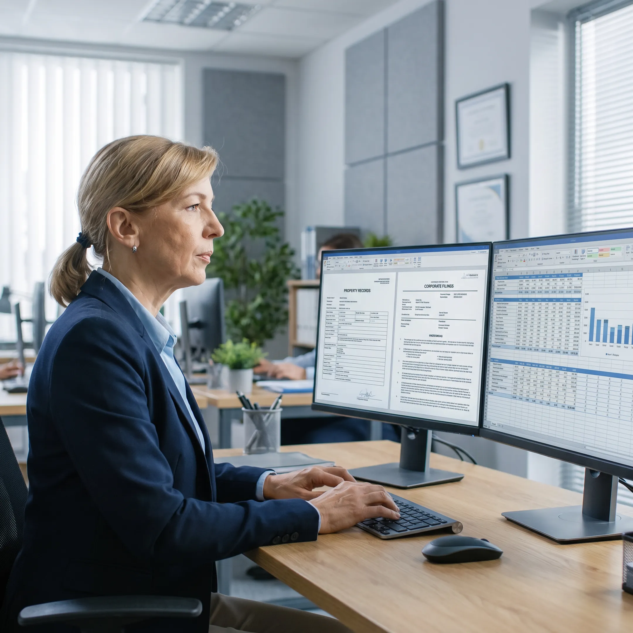 Investigator reviewing asset-search records