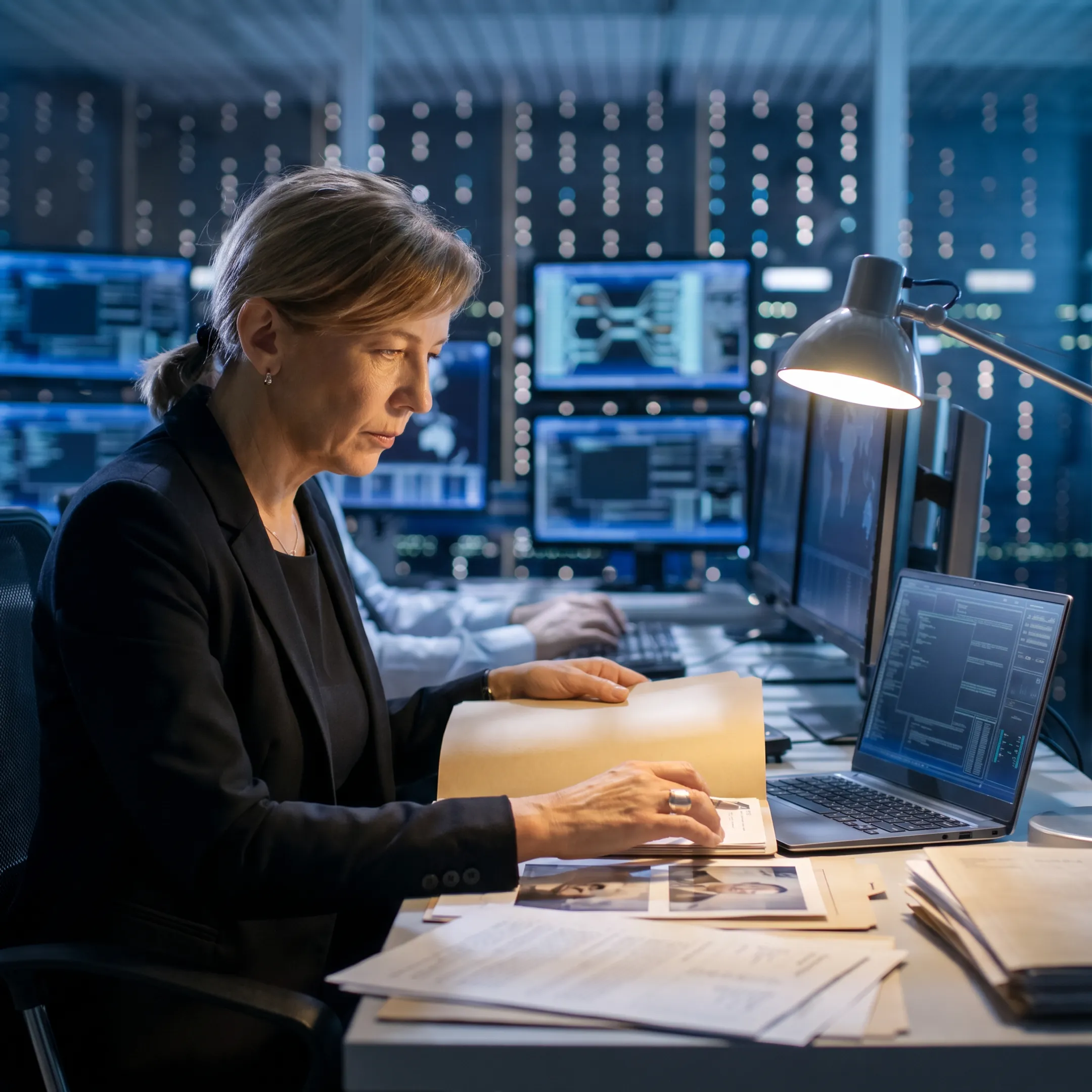 Investigator organizing confidential case materials