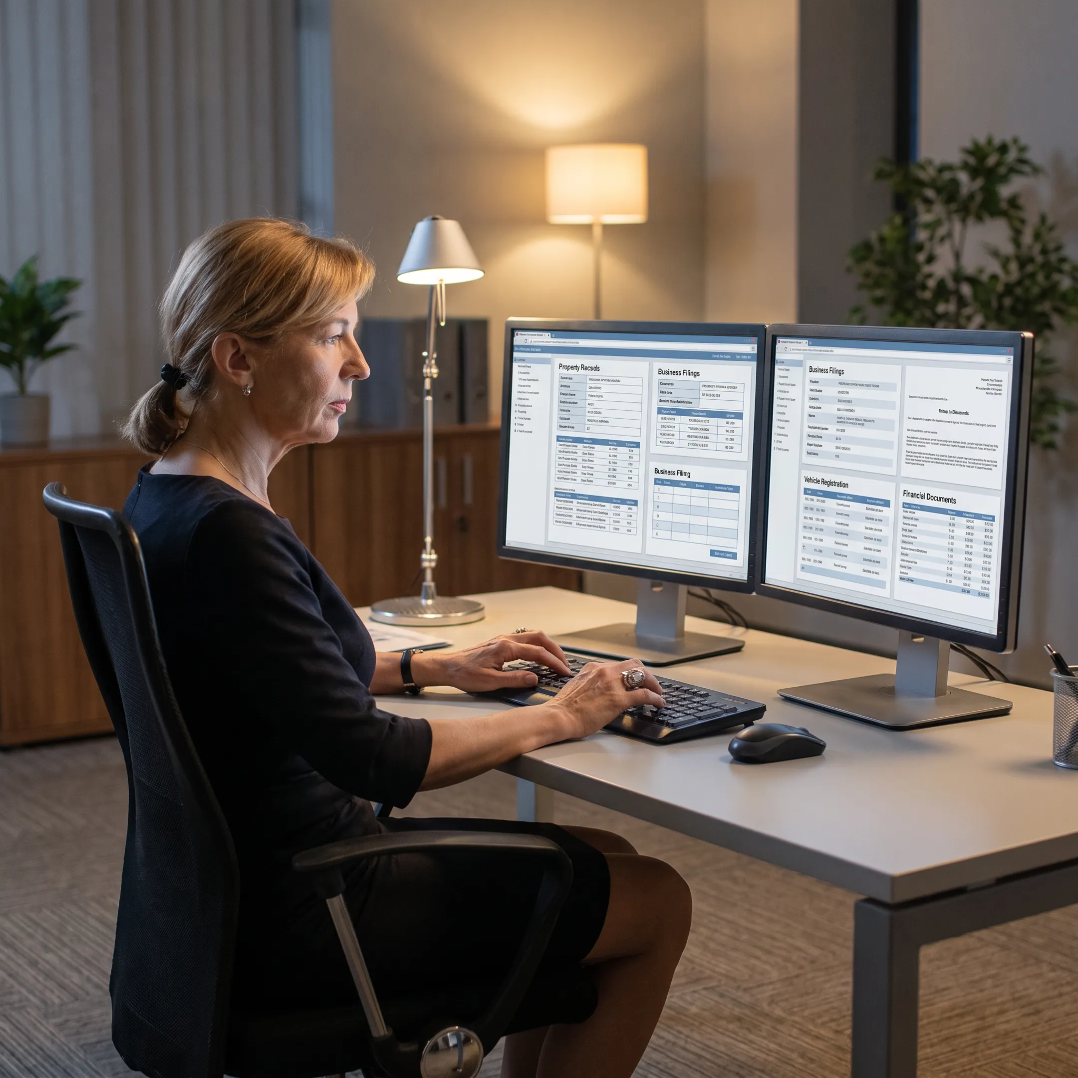 Investigator reviewing asset search records