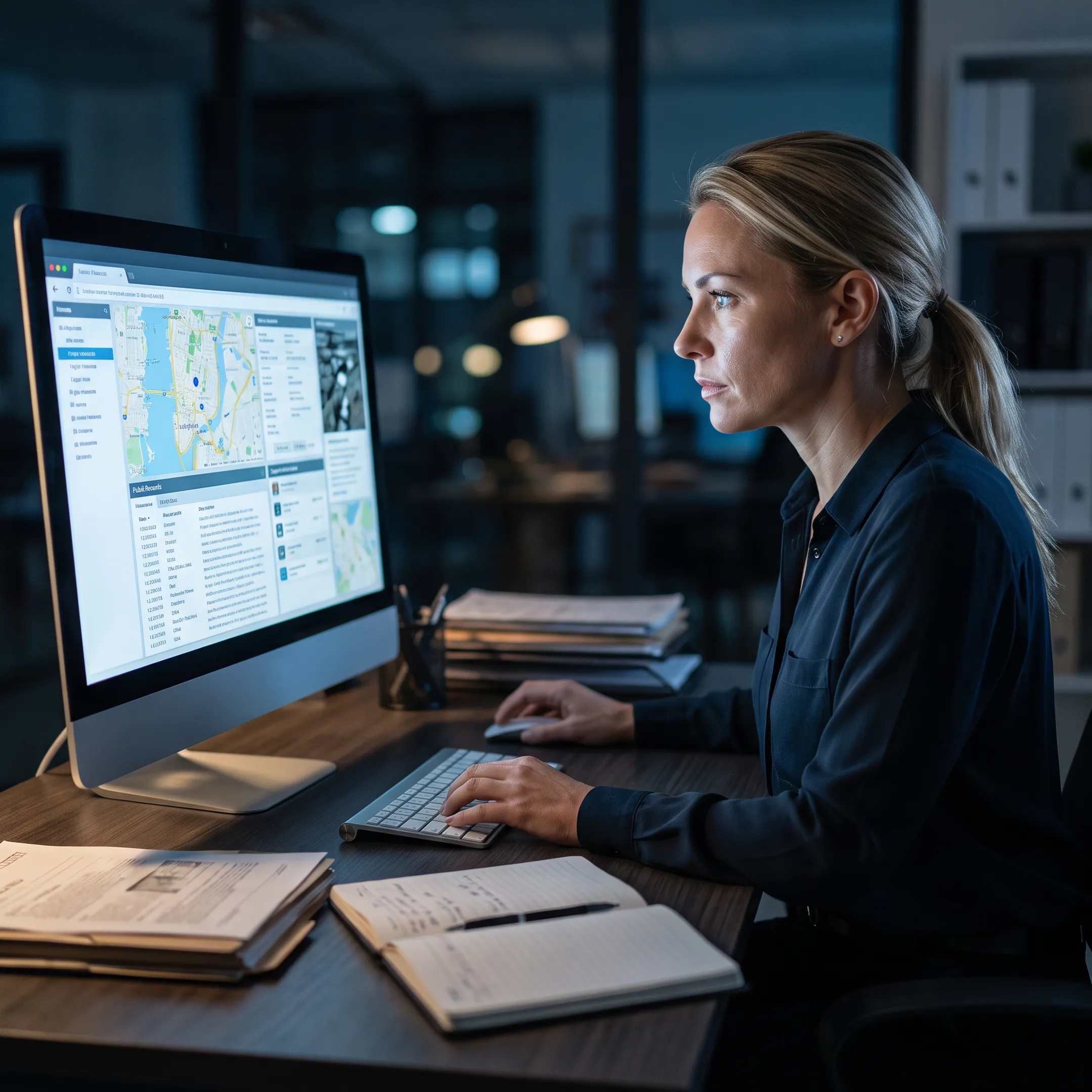 Investigator reviewing records for a skip tracing case