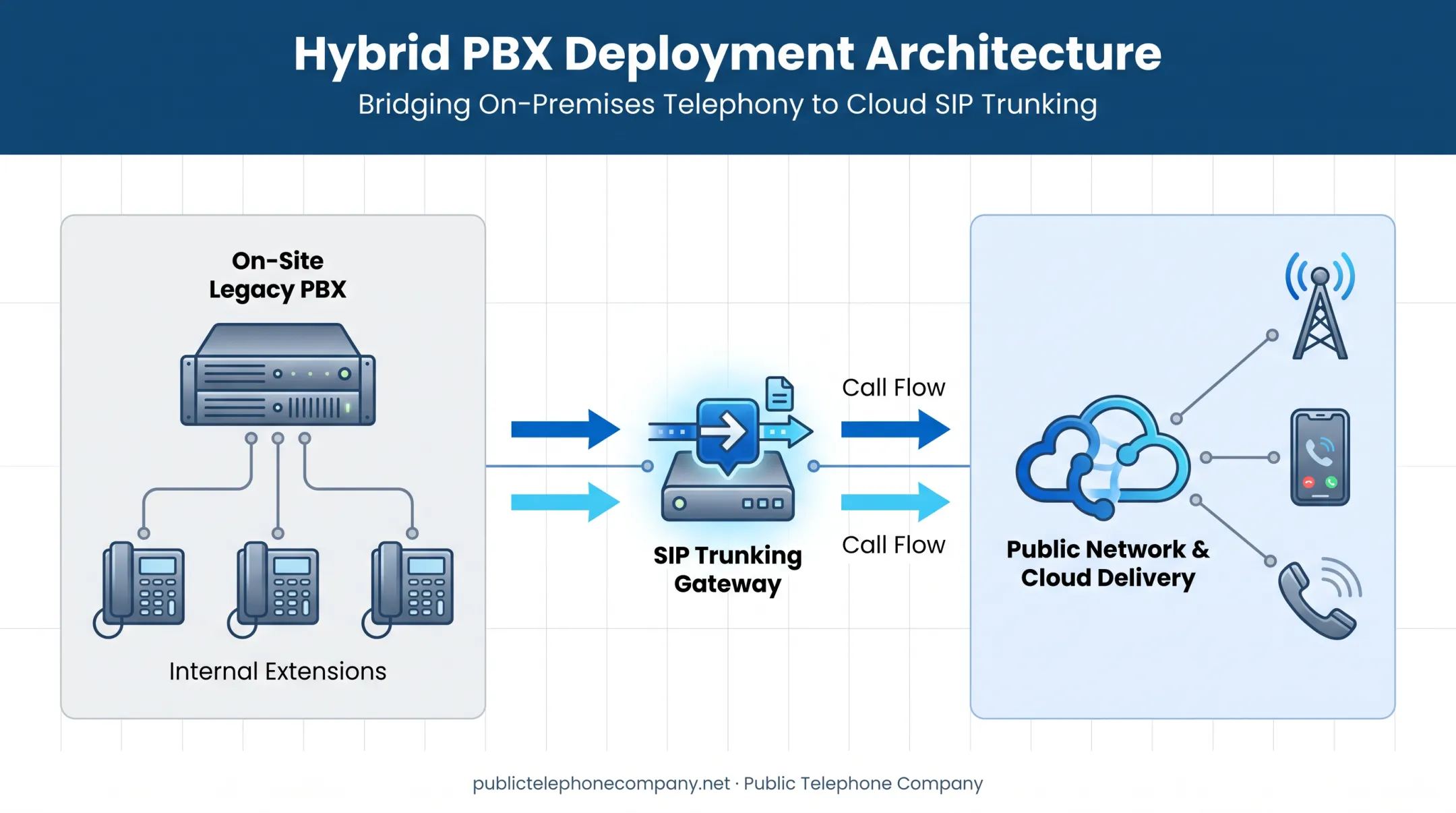 Hybrid PBX and SIP trunking architecture connecting legacy hardware to cloud