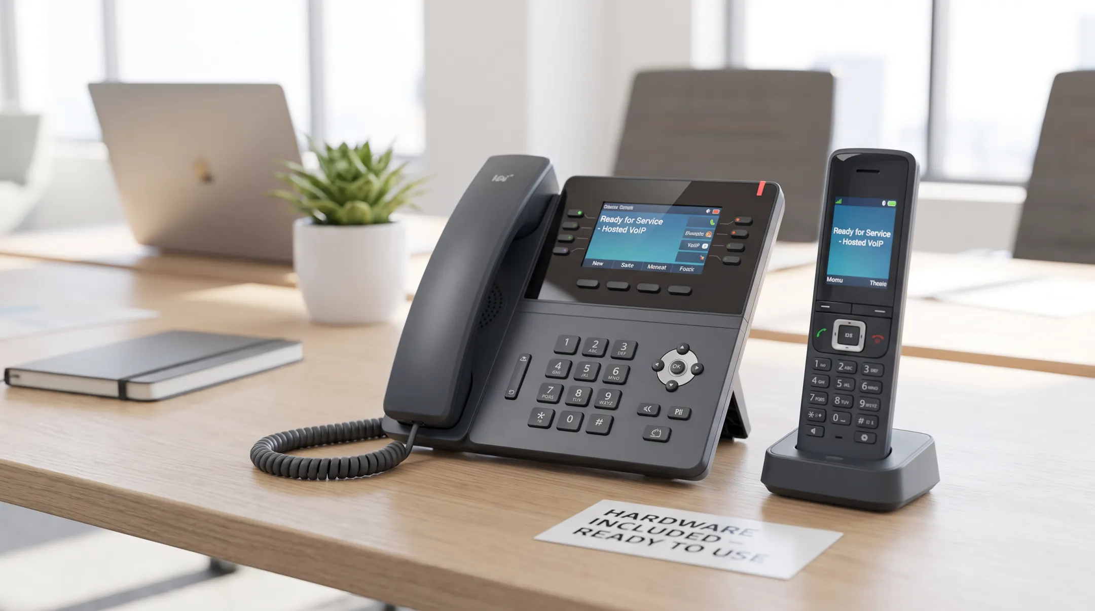 IP desk phone with wireless extension capability included in service