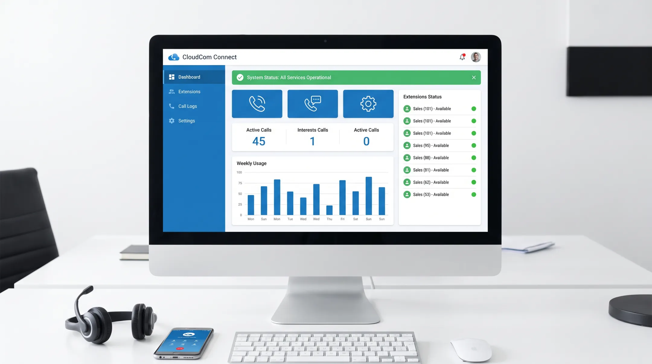 Cloud-based business phone platform dashboard with PBX and UCaaS features